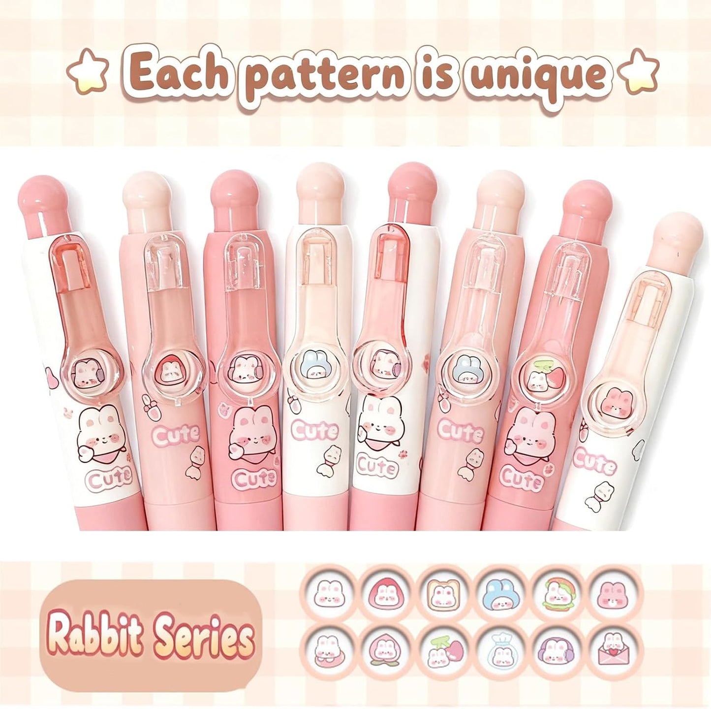 Cute Pink Bunny Mini Gel Pens, Kawaii Rabbit Short Small Pocket Pens, Retractable Click Changeable Images, Tiny Pens Black Ink for Women, Wallet, Notebook, Set of 8PCS, Bunny