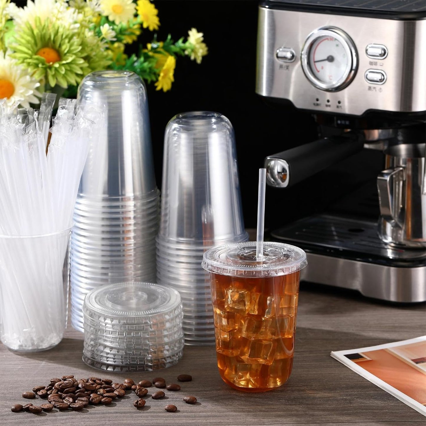 50 Sets Clear Plastic Cups with Lids and Straws, Disposable Iced Coffee Cups Drinking PET for Cold Drinks, Juice, Smoothie, Coffee Shops, Party, Christmas (16 oz,Clear)