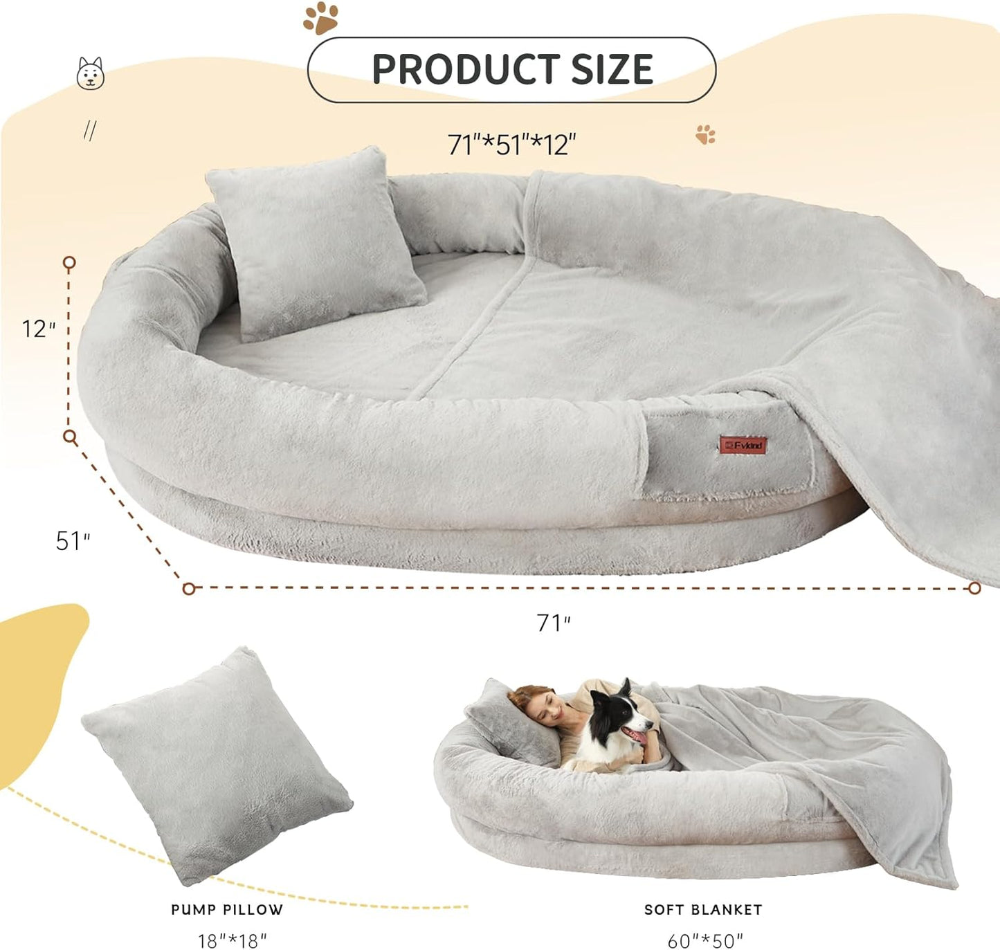 Human Dog Bed for Adults, 71"x51"x12" Washable Orthopedic Size, Faux Fur Removable, Cozy Large Present with Blanket and Pillow, Grey