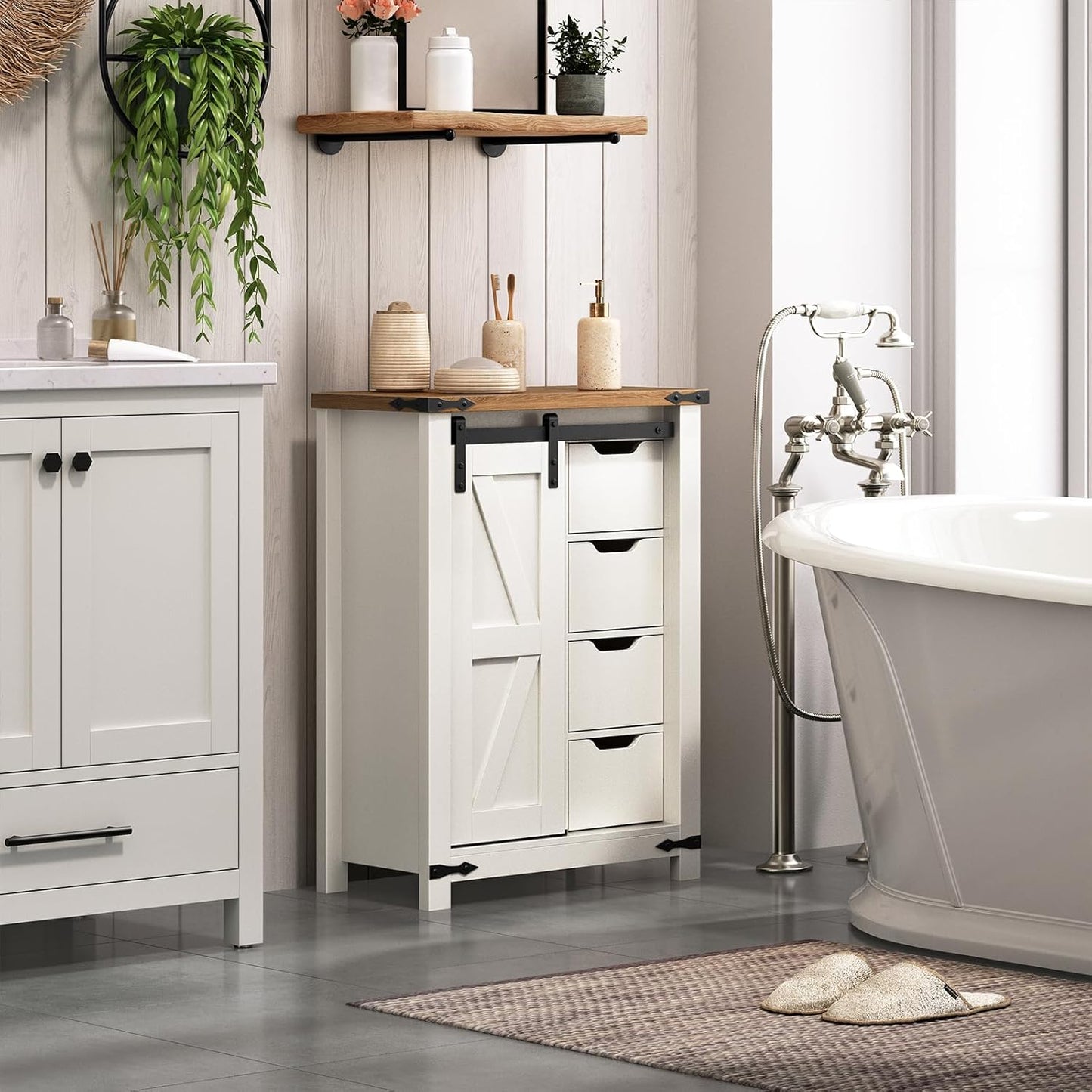 HOOBRO Bathroom Storage Cabinet, Farmhouse Cabinet with Sliding Barn Door, Adjustable Shelf and 4 Drawers, 11.8" D x 23.6" W x 31.9" H, Freestanding for Bathroom, Kitchen, White and Walnut