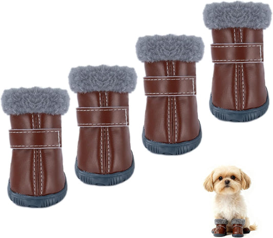 Dog Cowboy Boots for Small Dogs, Dog Shoes and Paw Protectors with Soft Gray Fluffy Lining, Non-Slip Rubber Sole, Adjustable Velcro Strap for Secure Fit, Perfect for Winter Snowy Days