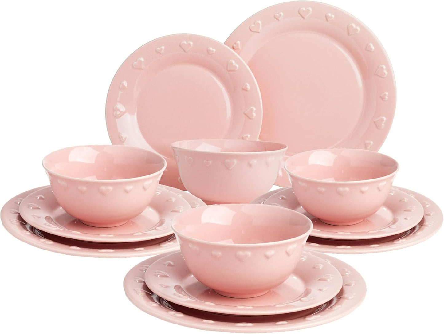 Paris Hilton 12-Piece Dinnerware Set, Embossed Hearts. Iconic Ceramic Stoneware Service for 4 with Dinner Plates, Salad Plates, and Bowls, Microwave & Dishwasher Safe, Pink