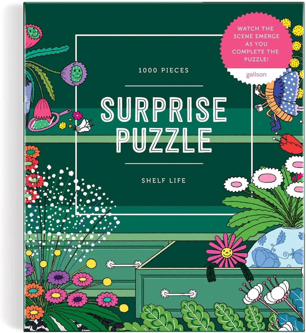 Galison Shelf Life – 1000 Piece Surprise Puzzle Fun and Challenging Activity with Bright and Bold Artwork of A House Shelf Revealed for Adults and Families