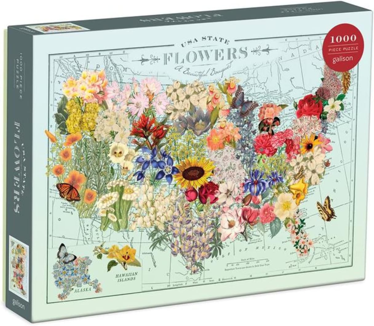 Galison Wendy Gold USA State Flowers Puzzle, 1000 Pieces, 20” x 27” – Jigsaw Puzzle Featuring a Colorful Illustration – Thick Sturdy Pieces, Challenging Family Activity, Great Gift Idea