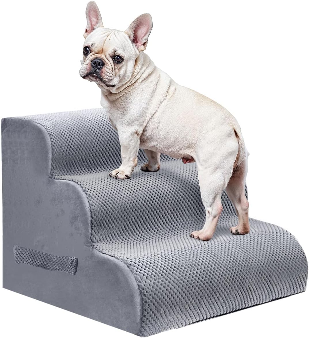 PAWSCART 작은 반려동물을 위한 강아지 계단, 높이 45cm(17.75인치) 30D 소재 부드러운 폼, 휴대용 경사로 미끄럼 방지 표면 미끄럼 방지, 소파 및 높은 침대 등반을 위한 미끄럼 방지, 고양이 또는 개를 위한 3단계 계단, 라이트 그레이