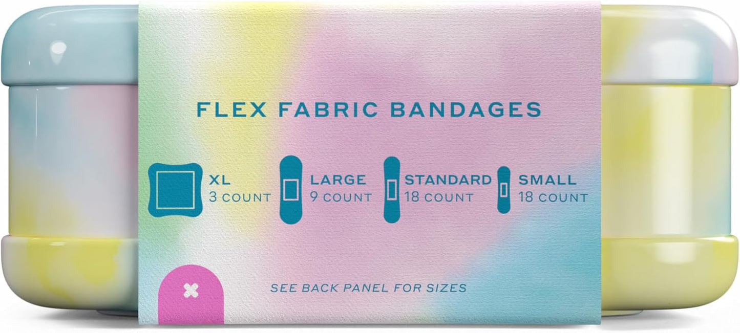 Welly Bandages | Adhesive Flexible Fabric Bravery Badges | Assorted Shapes for Minor Cuts, Scrapes, and Wounds | Colorful and Fun First Aid Tin | Colorwash Tie Dye Patterns - 48 Count
