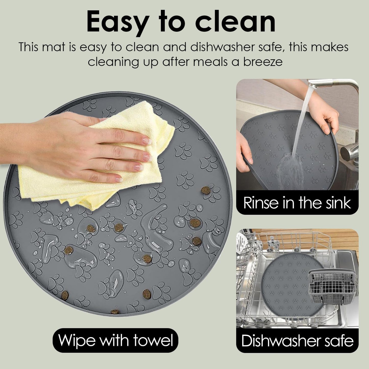 Pet Feeding Mats for Food and Water, Waterproof Anti-Slip Placemats for Dog Cat Bowl, 2 Pack Silicone Pet Food Mat, Dishwasher Safe 10.9 × 10.9 (2 Black, Small Paws)