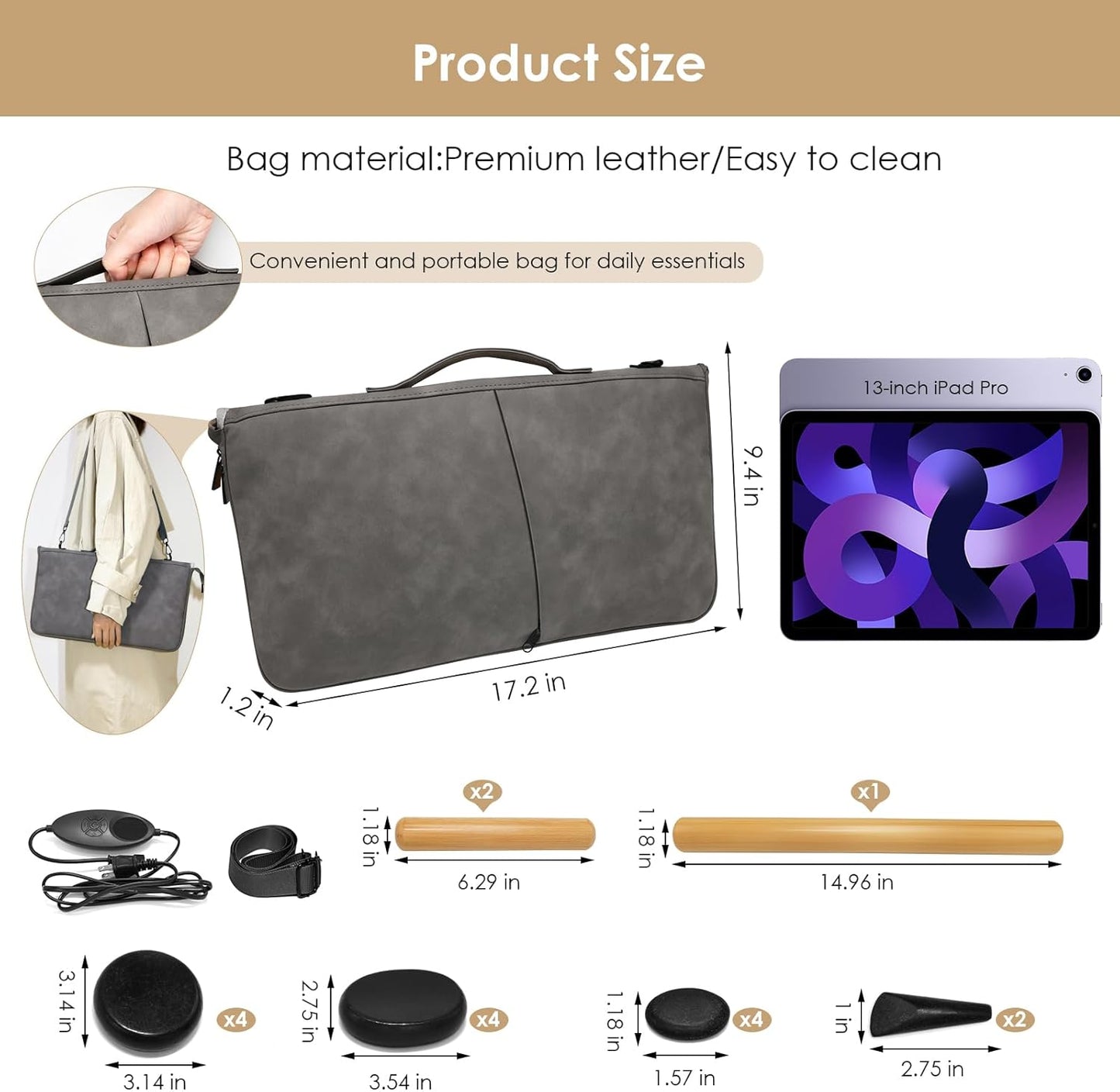 17 Pieces Massage Stones Set with Warmer Kit Hot Rocks Bamboo for Massage,Hot Stones Massage Warmer Kit with Temperature Control and Carry Bag (14 Stones and 3 Sticks)