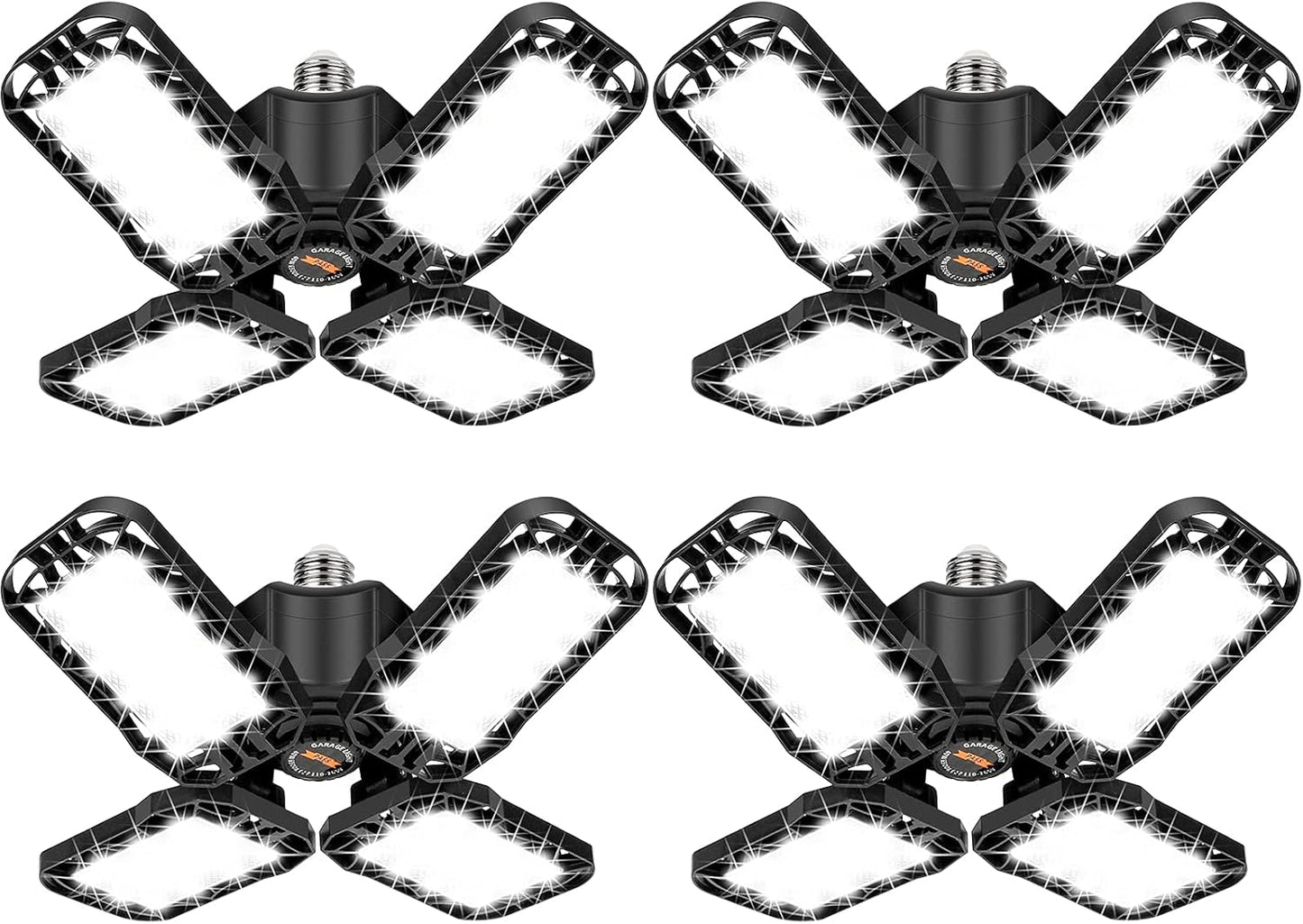 LED Garage Light 4 Pack, 120W Ultra Bright LED Shop Light with 4 Adjustable Panels, 12000LM E26/E27 Base Deformable Ceiling Fixtures for Garage, Workshop, Attic, Basement, Barn (Black-4 Pack)