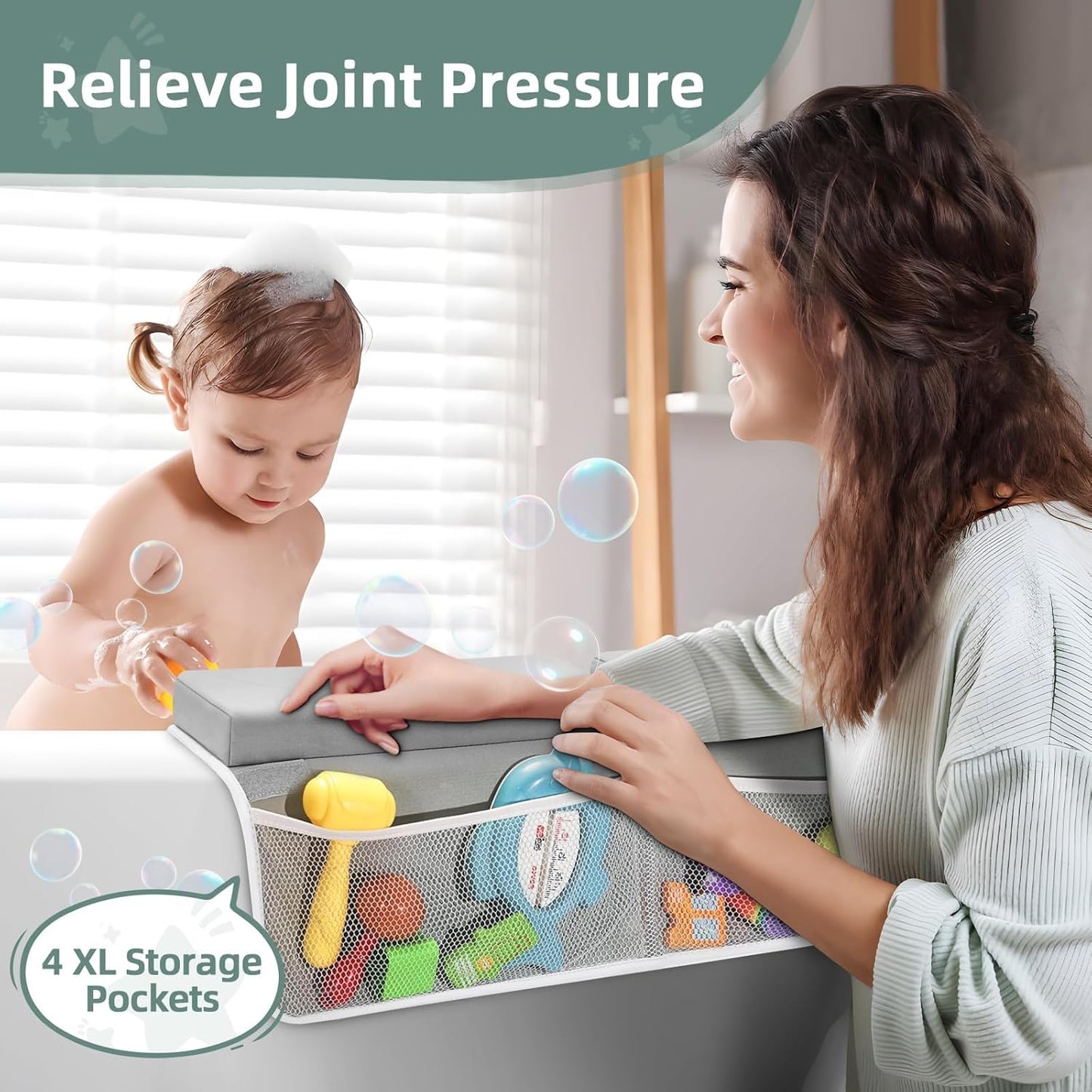 IFNOW Baby Bath Kneeler and Elbow Rest Pad Set - 26'' Extra Long and 2.4'' Thick, Quick Dry Kneeling Pad for Bathing Baby with Knee & Arm Support, Foldable Non-Slip Bathtub Mat with Toys Organizer