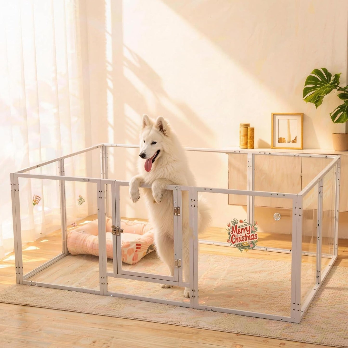 Clear Acrylic Dog Playpen with Door Easy Install & Clean Puppy Fence Indoors H-24 10-Panel Metal Playpen for Puppies/Small Dogs/Kitten,White Dog Enclosure