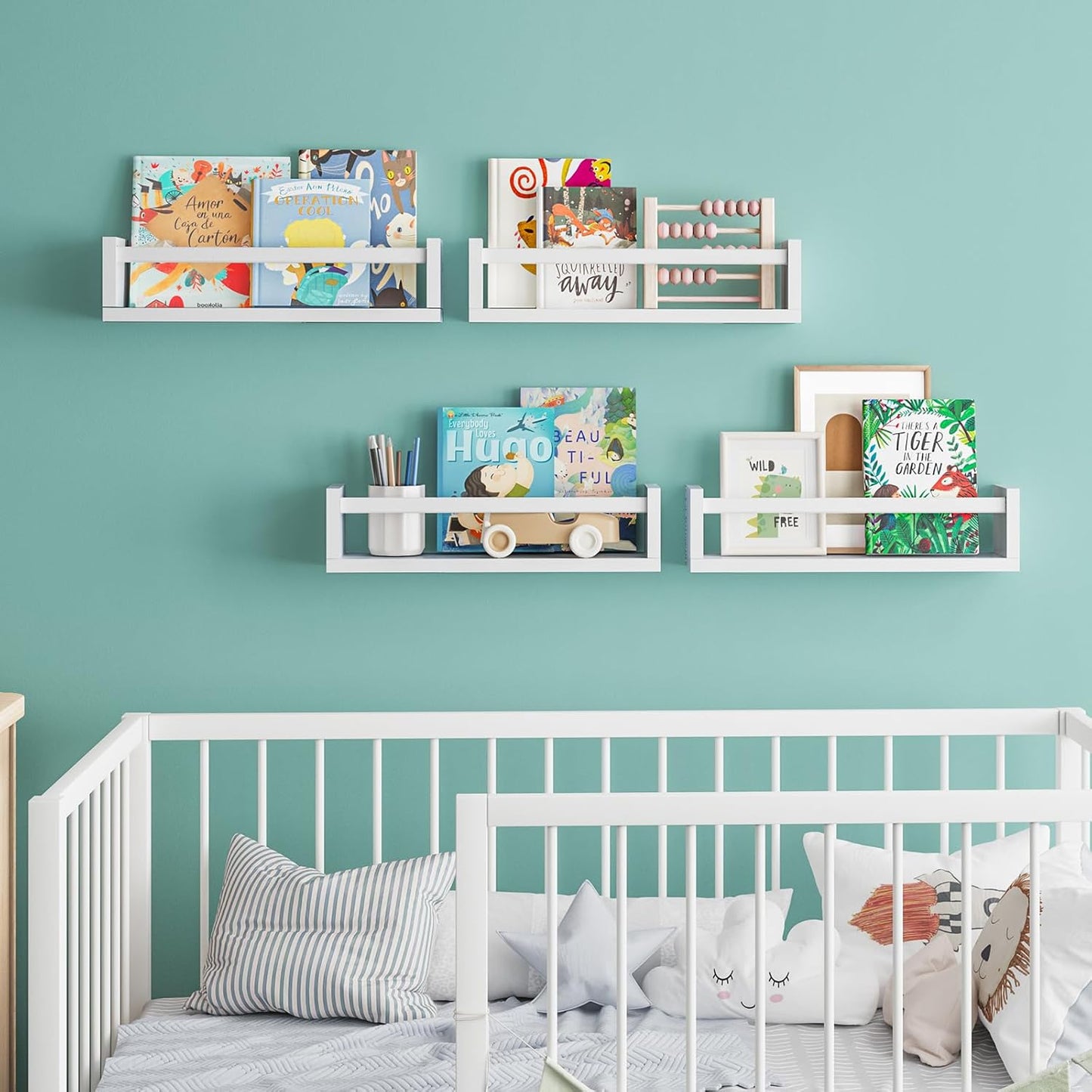 Fixwal Floating Book Shelves for Wall, 16.5 Inch Nursery Book Shelves for Playroom Decor, Set of 4, Solid Wood Wall Mounted Shelves for Books and Toys Storage (White)