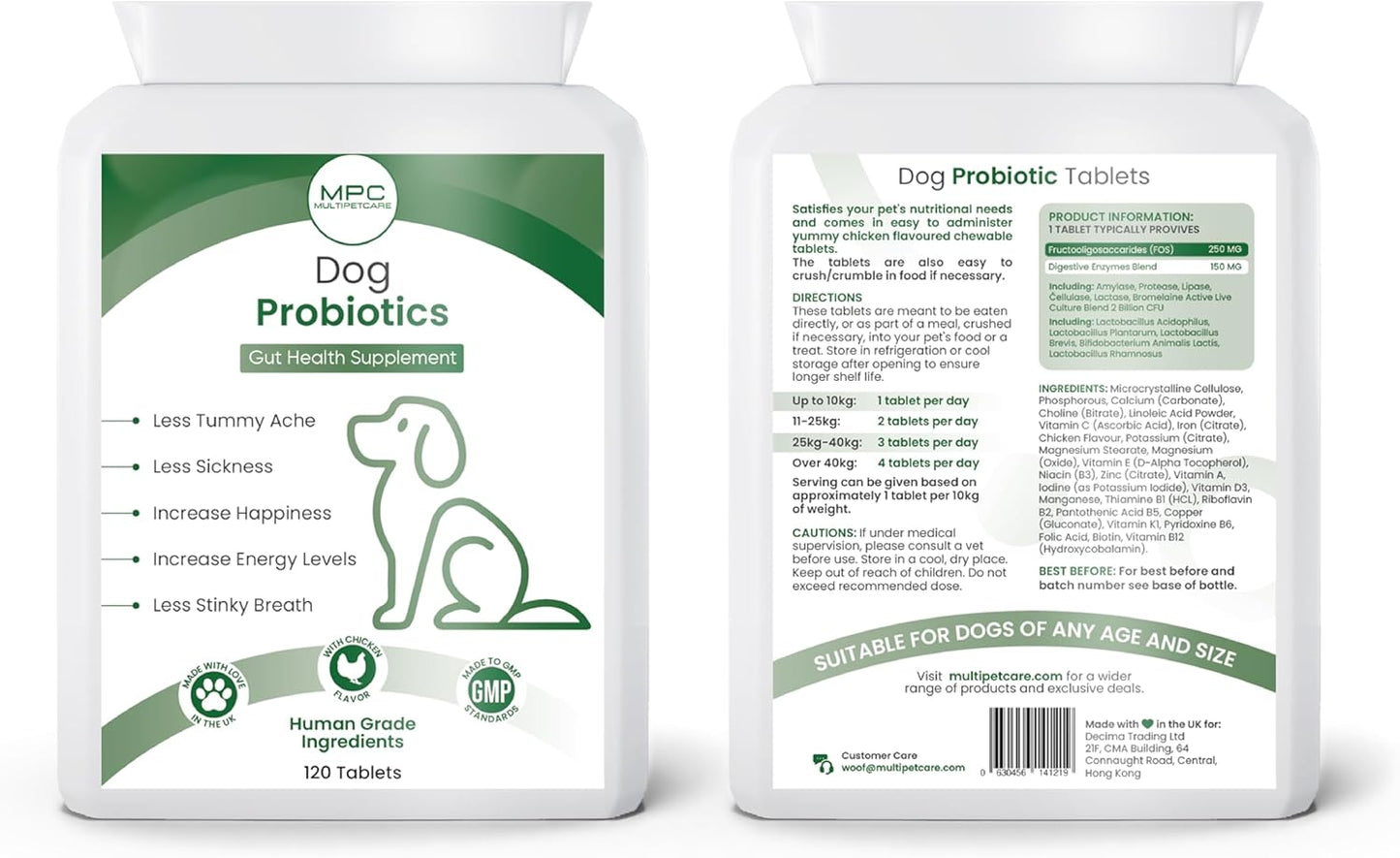 Dog Probiotics | 5-Strain 2 Billion CFU + Digestive Enzymes | Firm Stools, Less Gas & Bloating | Prebiotic Inulin + Full B-Complex Vitamins | Chicken Flavour Tablets | UK GMP | 120 Count