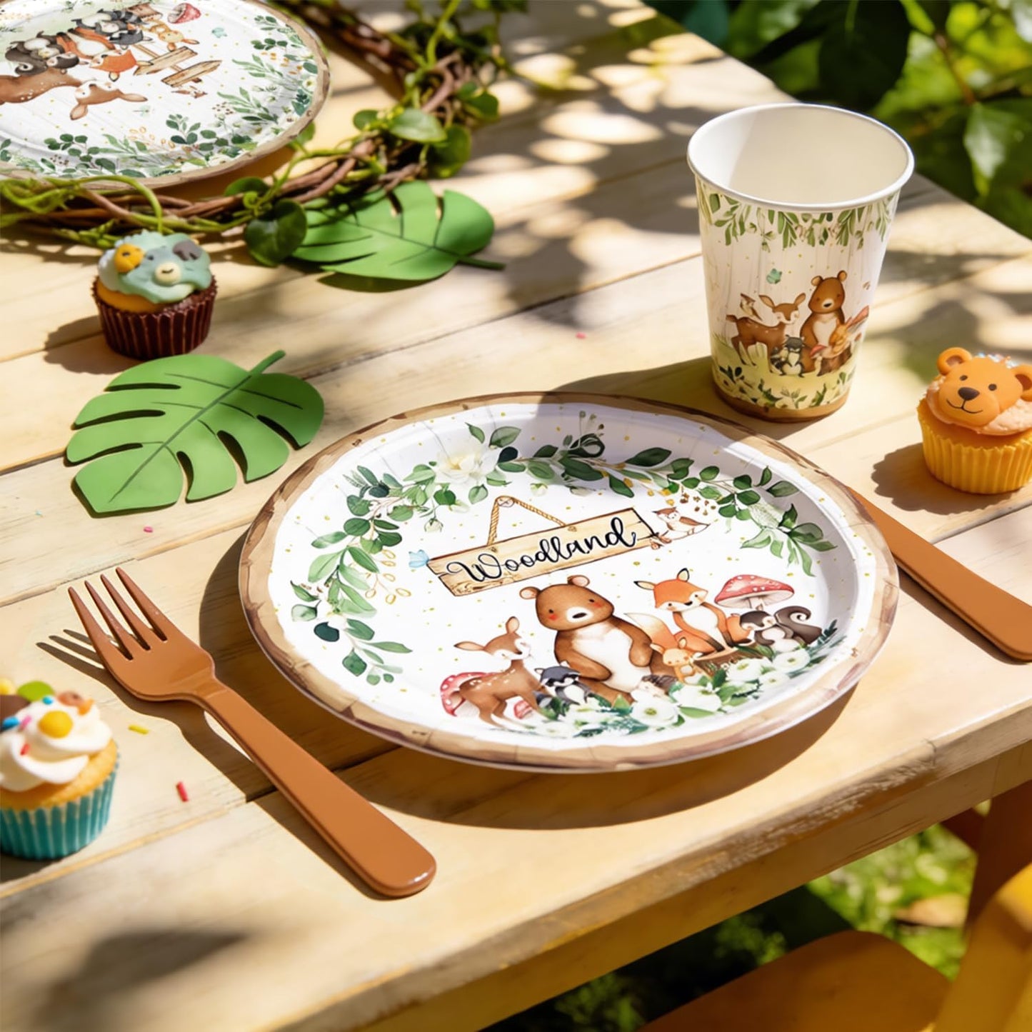 96 Pcs Woodland Baby Shower Party Supplies - Serves 24 Guests, Safari Jungle Animal Party Decorations Include Plates and Napkins, Forks