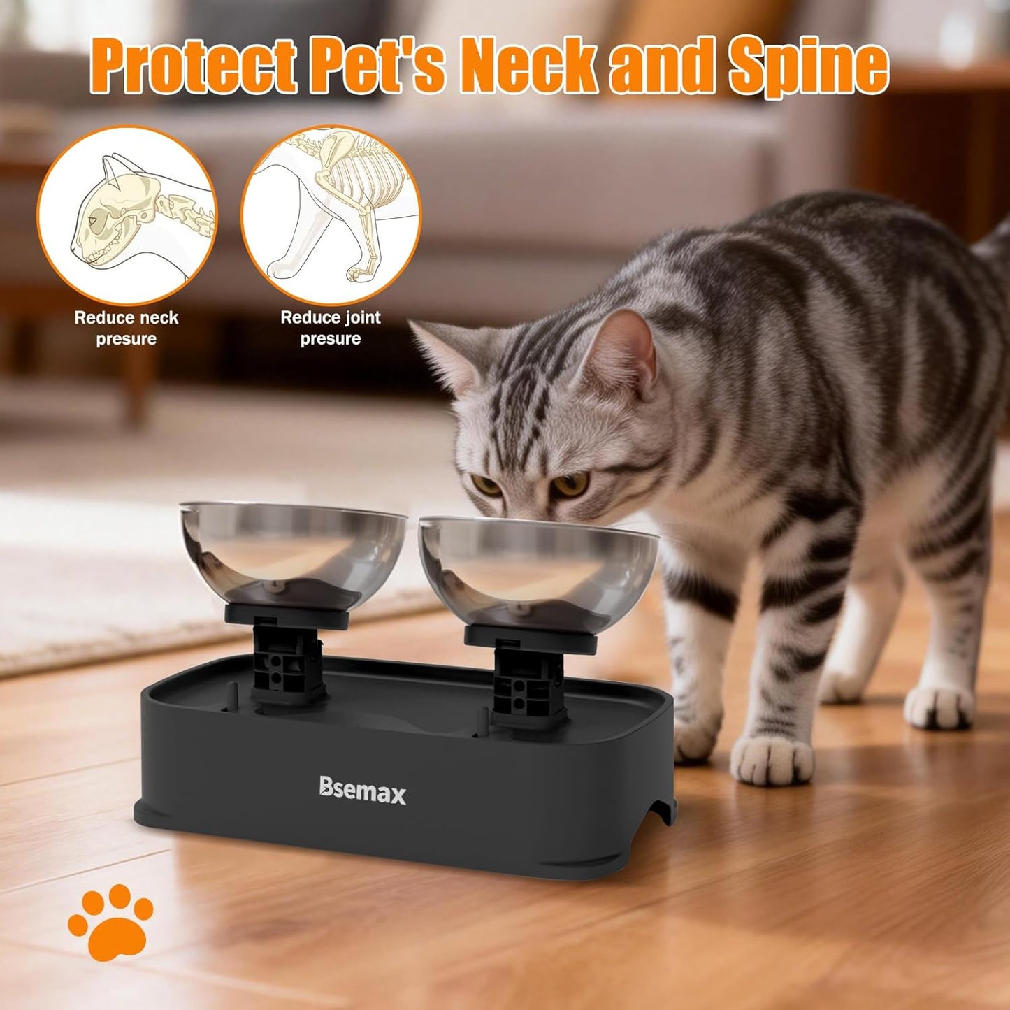 Adjustable Elevated Cat Bowls with 2 Stainless Steel Bowls 6.1”–7.3” Raised Feeding Station with 30° Tilt to Reduce Vomiting & Neck Strain, Stable Non-Slip Stand for Indoor Cats, Small Dogs & Puppies