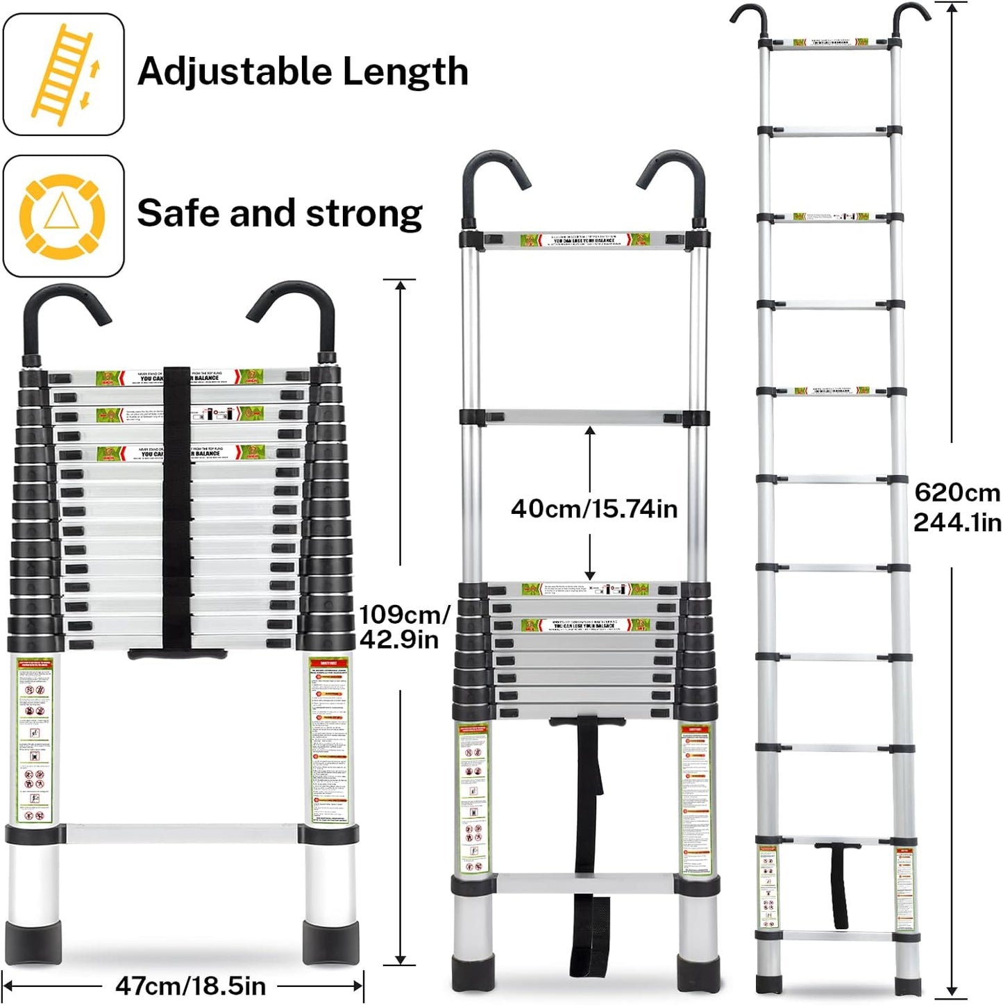 RIKADE Telescopic Ladder, 20.34FT Aluminum Telescoping Ladder with Stable Hook and Non-Slip Feet, Portable Extension Ladder for Household and Outdoor Working, Max Load 330lbs, Aluminum