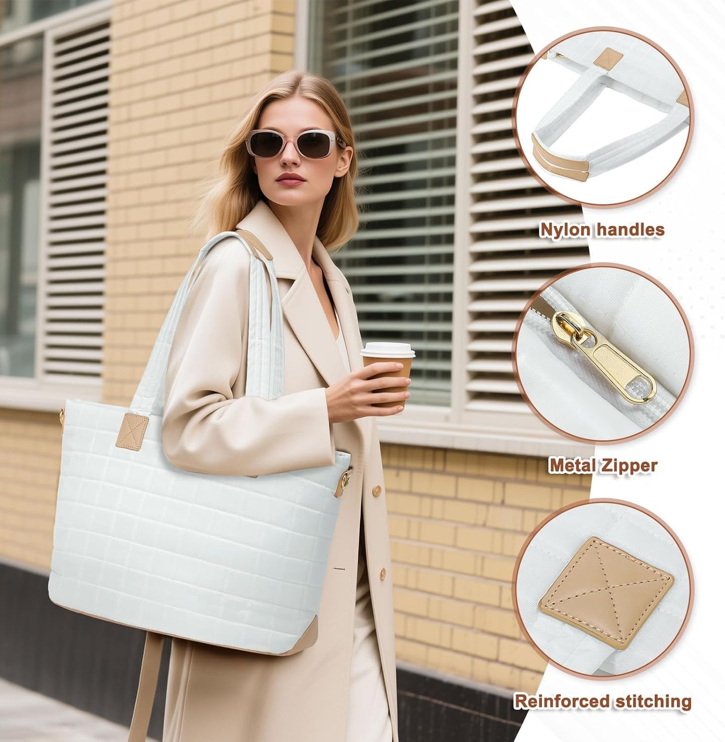 Large Travel Tote Bag for Women, Quilted Puffy Tote Bag with Detachable Shoulder Strap, Laptop Work Bag W/Handbag
