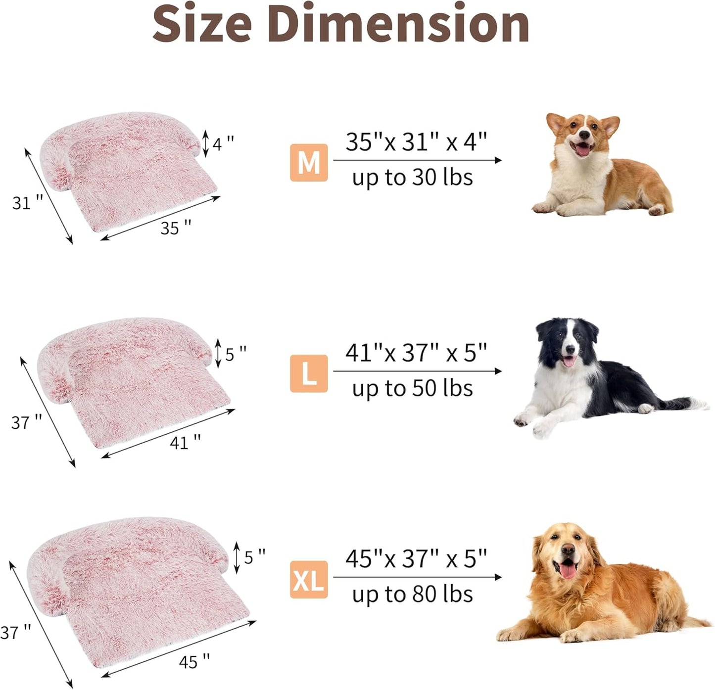 KHONSU PET Large Calming Dog Bed for Couch – Sofa Protector Mat with Bolster, Removable Washable Non-Slip Cover, Fits XL Dogs up to 70 lbs, Brown 45"x37"