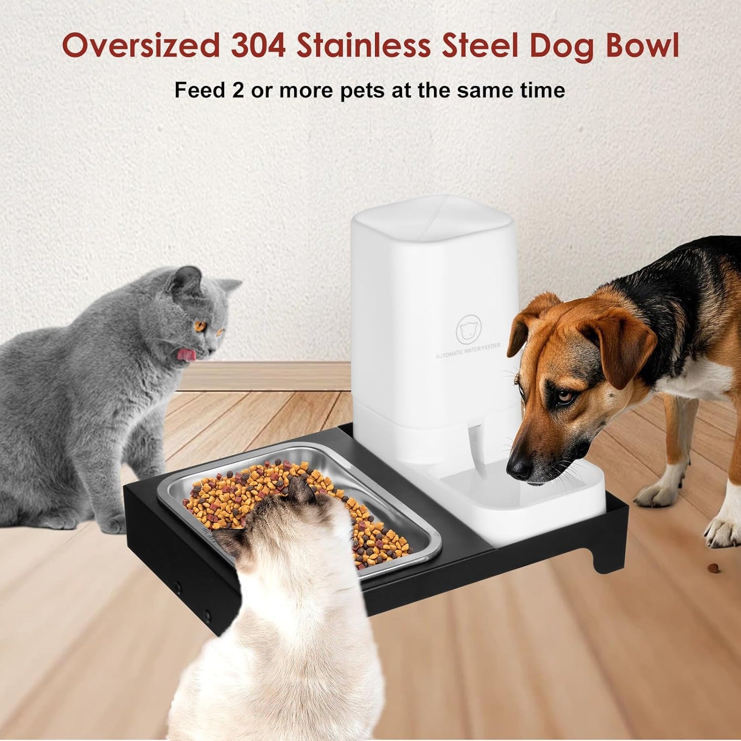 Elevated Dog Bowls with Water Dispenser and 304 Stainless Steel Bowl, Adjustable to 6 Heights, 2.75" to 14.6", Raised Dog Food Bowls for Small, Medium & Large Sized Dogs, Tilted Angle