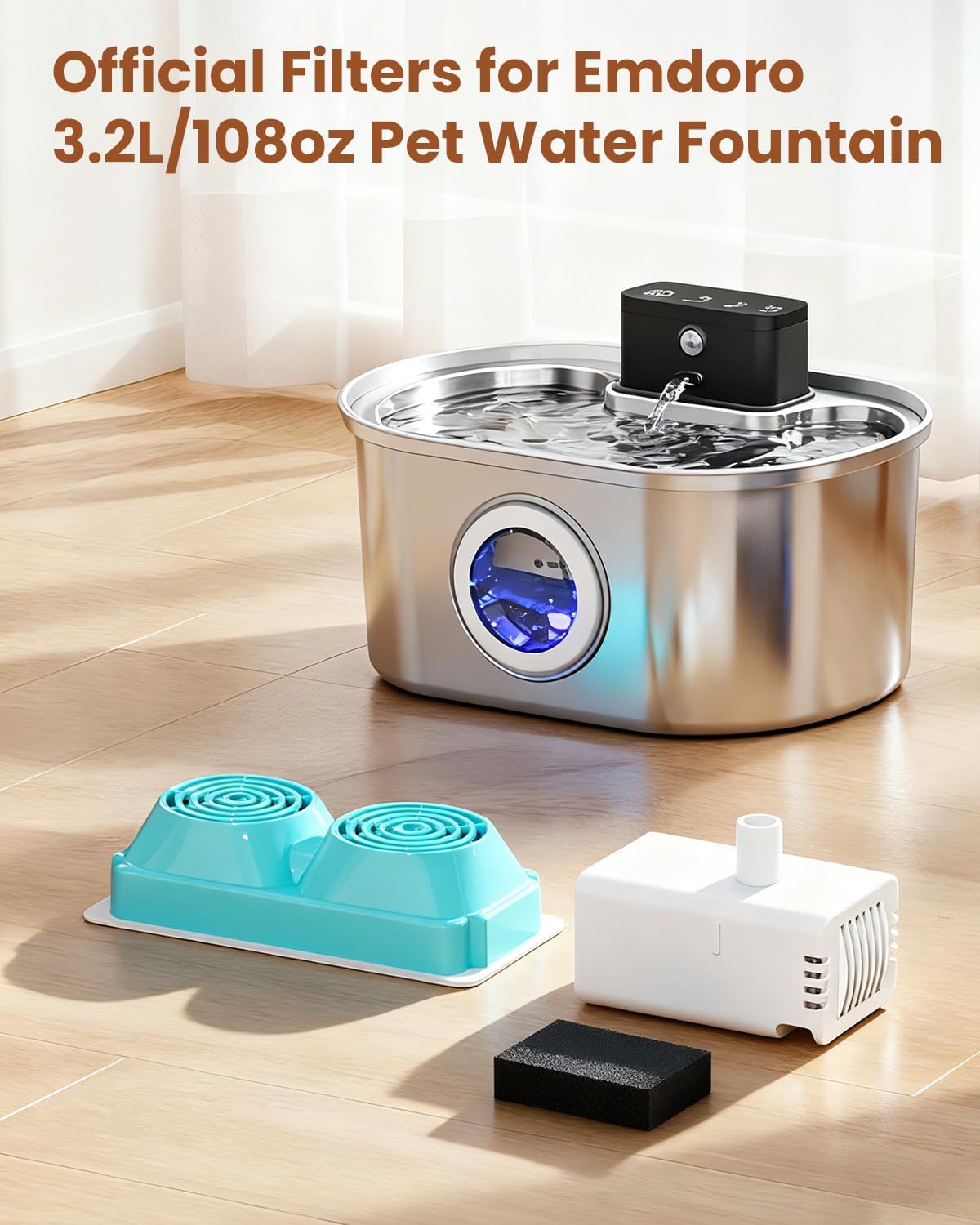 Official 8-Pack Replacement Filters and Sponges (4 Months Set) for 3.2L/108oz Stainless Steel Cat Water Fountain