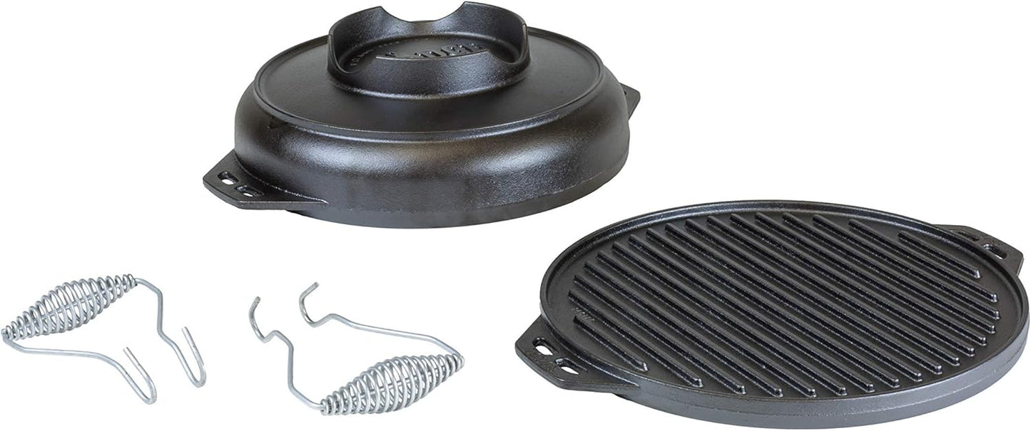 Lodge Cast Iron Cook-It-All Kit. Five-Piece Cast Iron Set includes a Reversible Grill/Griddle 14 Inch, 6.8 Quart Bottom/Wok, Two Heavy Duty Handles, and a Tips & Tricks Booklet.