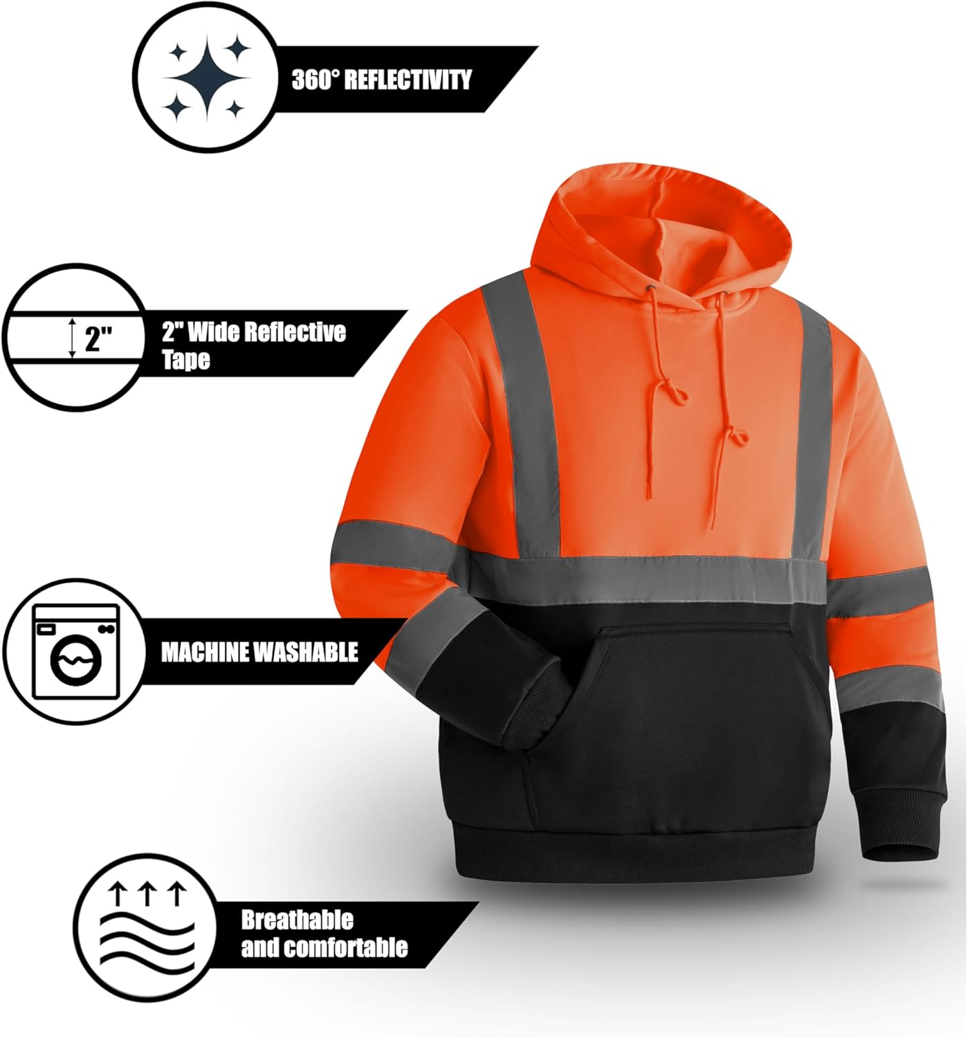 Ubon Hi Vis Hoodies for Men, High Visibility Hoodie Reflective Safety Sweatshirts Construction Workwear Black Bottom