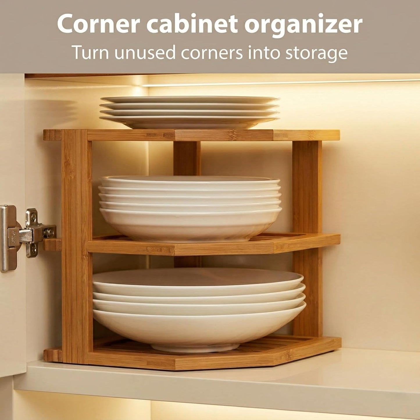 Plate Organizer for Cabinet - 3 Tier Bamboo Corner Shelf Cabinet Organizer for Plates, Bowls, Mugs and Pantry Storage, Space Saving Countertop and Cabinet Corner Shelf, 10 x 10 x 9.5 Inch, Bambusi | Kitchen Counter, Cabinet Space Saver, Plates, Dishes, Bo