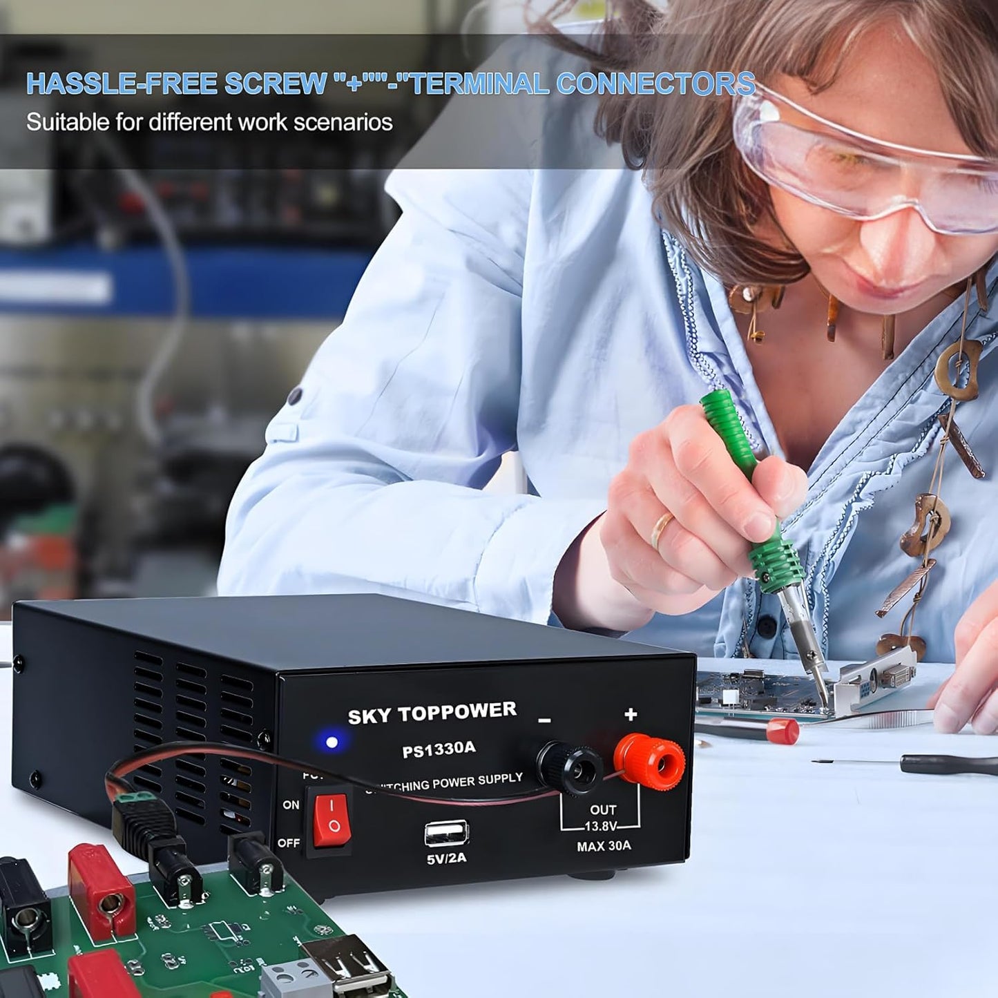 13.8V 30A DC Power Supply for Ham Radio,30 Amp Compact Regulated Bench Power Supply Lab Benchtop AC to DC Converter,Cooling Fan,5V 2A USB Interface,Powering Ham Radio, Amplifiers,SKY TOPPOWER PS1330A