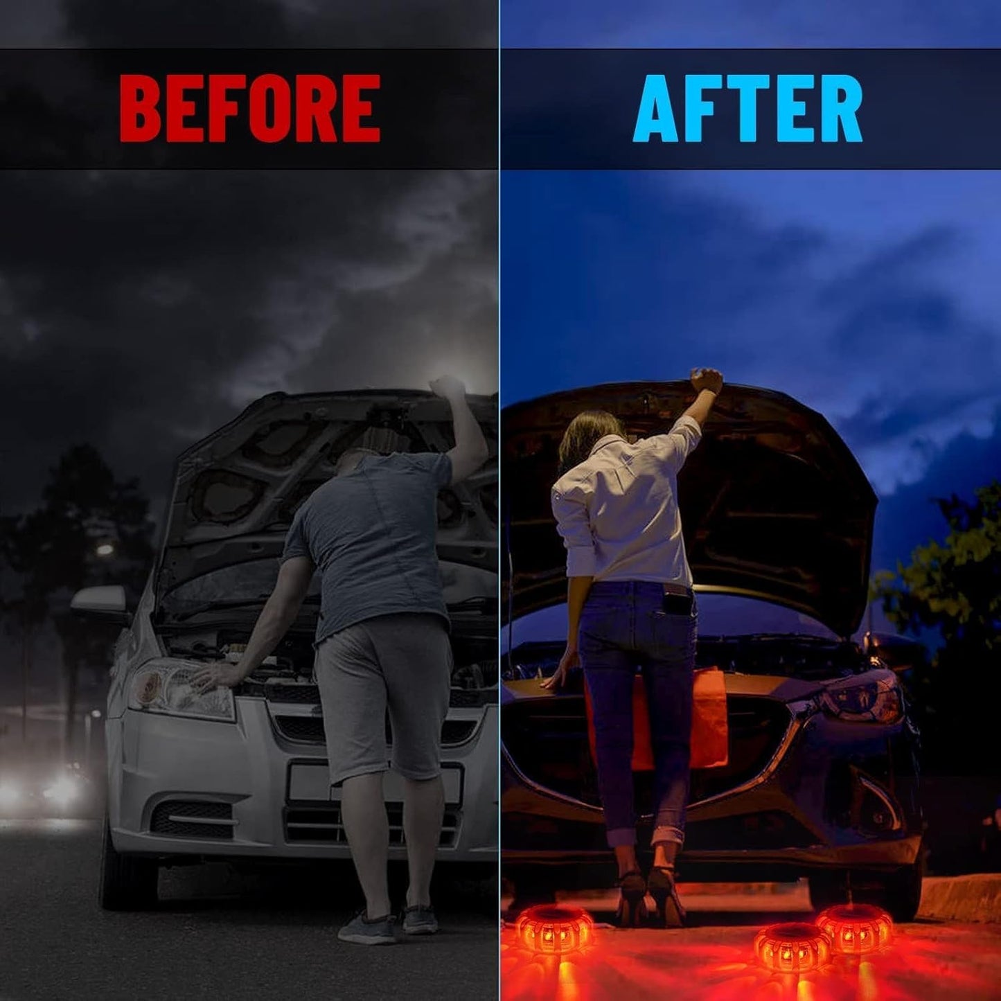 GP908 8 Pack LED Road Flares Emergency Roadside Lights Safety Flashing Warning Beacon Disc Warning Flare Kit with Hook Magnetic Base for Car Truck & 9 Flash Modes (Batteries Not Included)