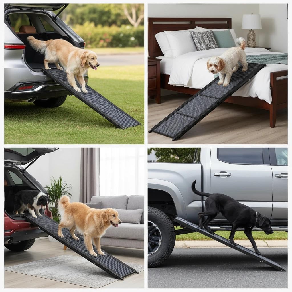 Dog Ramp for Car, Folding Pet Ramp with Comfortable Carpet Surface, Holds Up to 250lbs, Non-Slip 63" Portable Large Dog Stairs for Bed, SUV & Truck