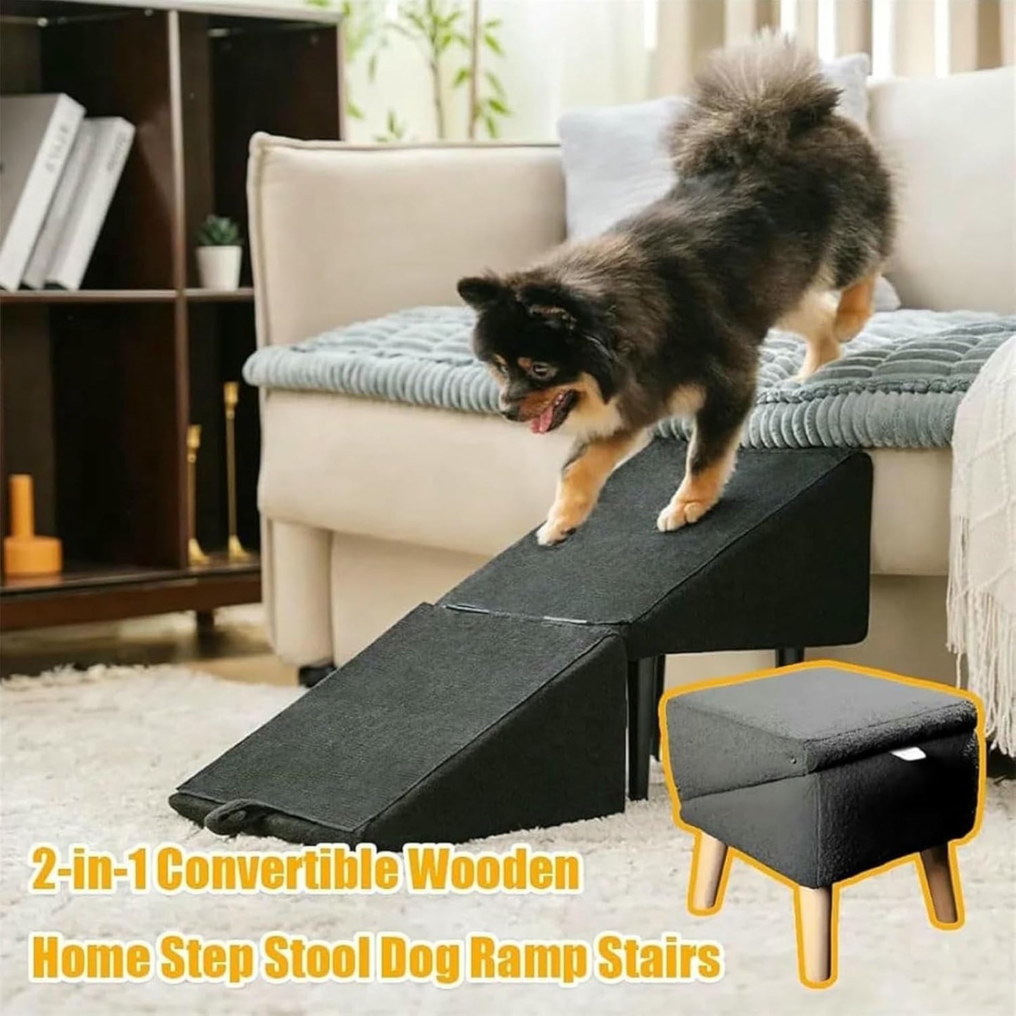 Split Ottoman Dog Ramp, 2-in-1 Convertible Wooden Home Step Stool DogRamp Stairs, Dog Chair with Ramp for Bed, Dogs Ramp and Ottoman for Large and Small Dogs