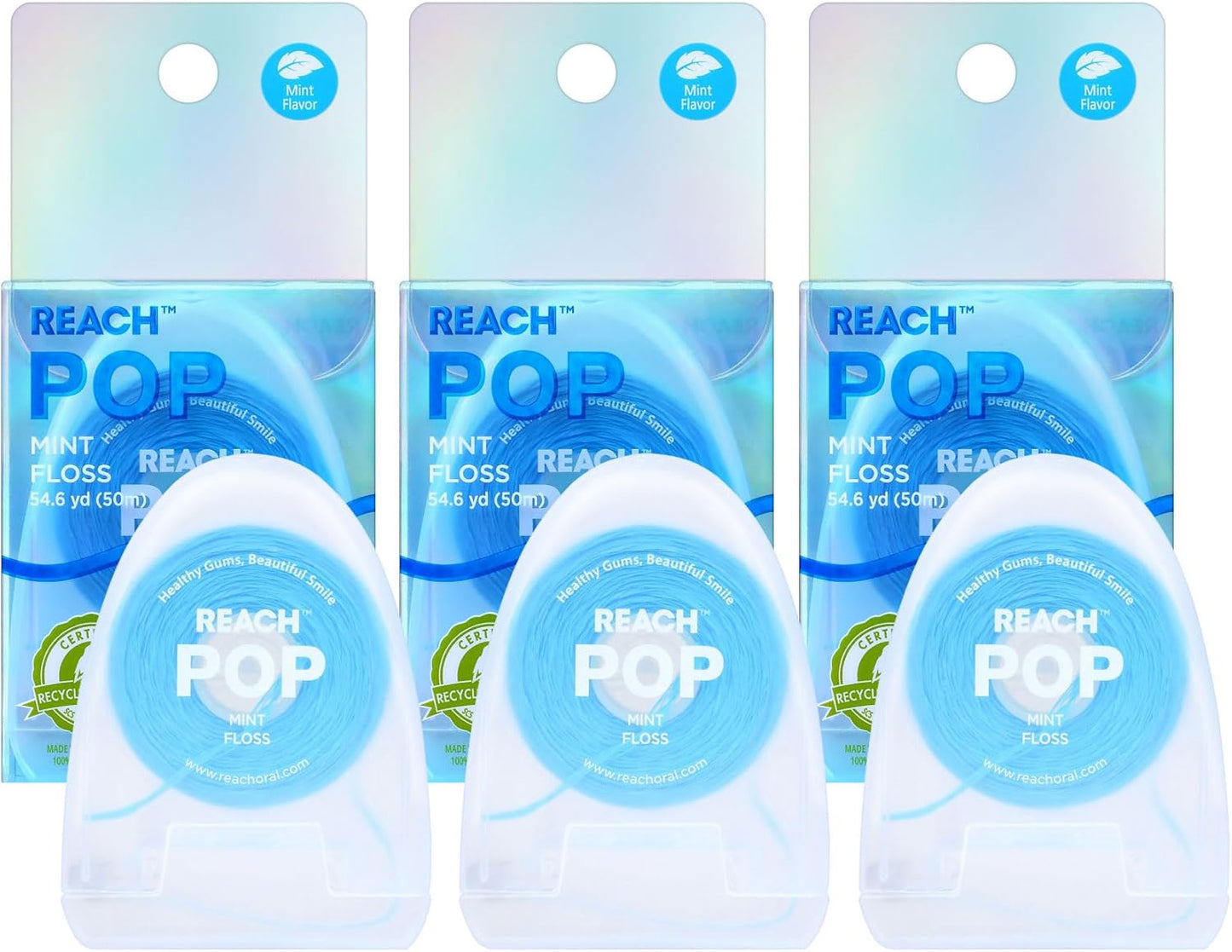 REACH POP Dental Floss, Mint, Plaque Remover for Teeth, Shred Resistant, Vegan Wax, Cruelty Free, Eco Friendly Packaging, Oral Care, PFAS Free, for Adults & Kids, 3 Pack, 54.6 yd