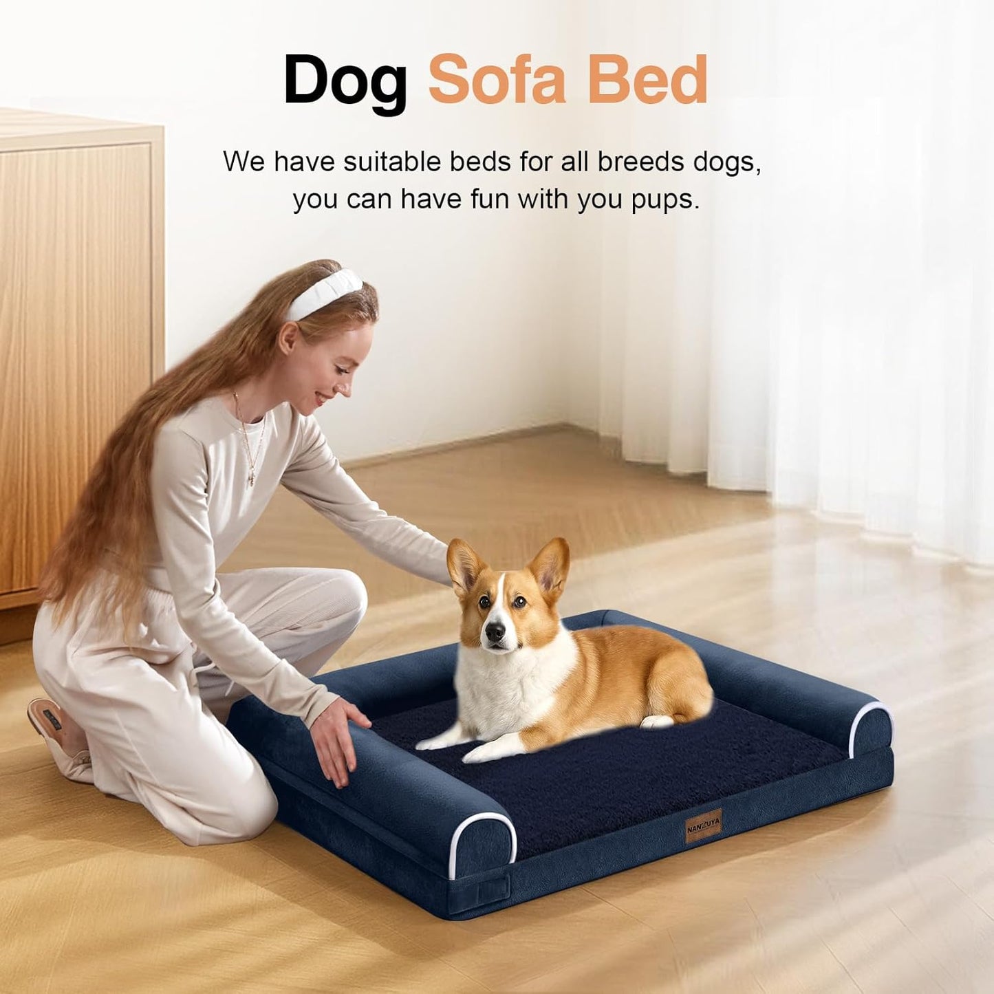 Medium Dog Bed Orthopedic Washable: Beds Bolster Medium Sized Dogs Bed Egg Crate Foam Couch Sofa Waterproof with Removable Cover - Navy Blue