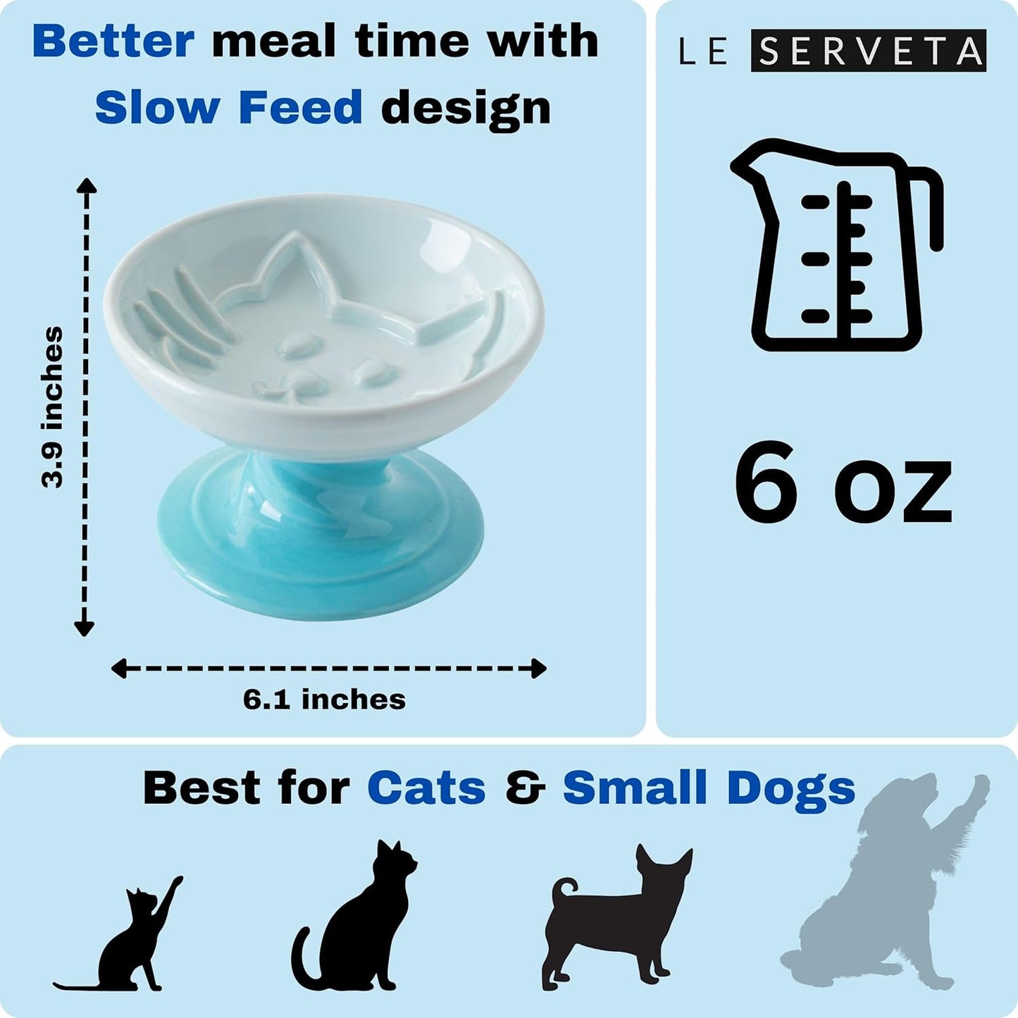 Elevated Twisting Design Cat Food Slow Feeder, Ceramic Raised Cat Dishes with Decorative Twisting Design Stand, Macaron Colors, Slow Feed Design (Blue)