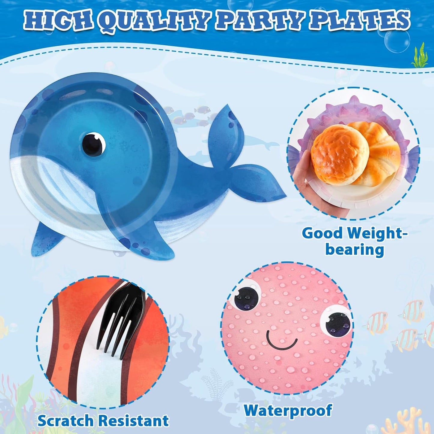 48Pcs Ocean Animal Shaped Paper Plates Under the Sea Party Supplies Sea Animal Tableware 7In Underwater Dinner Plates for Boys Girls Marine Animal Birthday Party Baby Shower Decorations