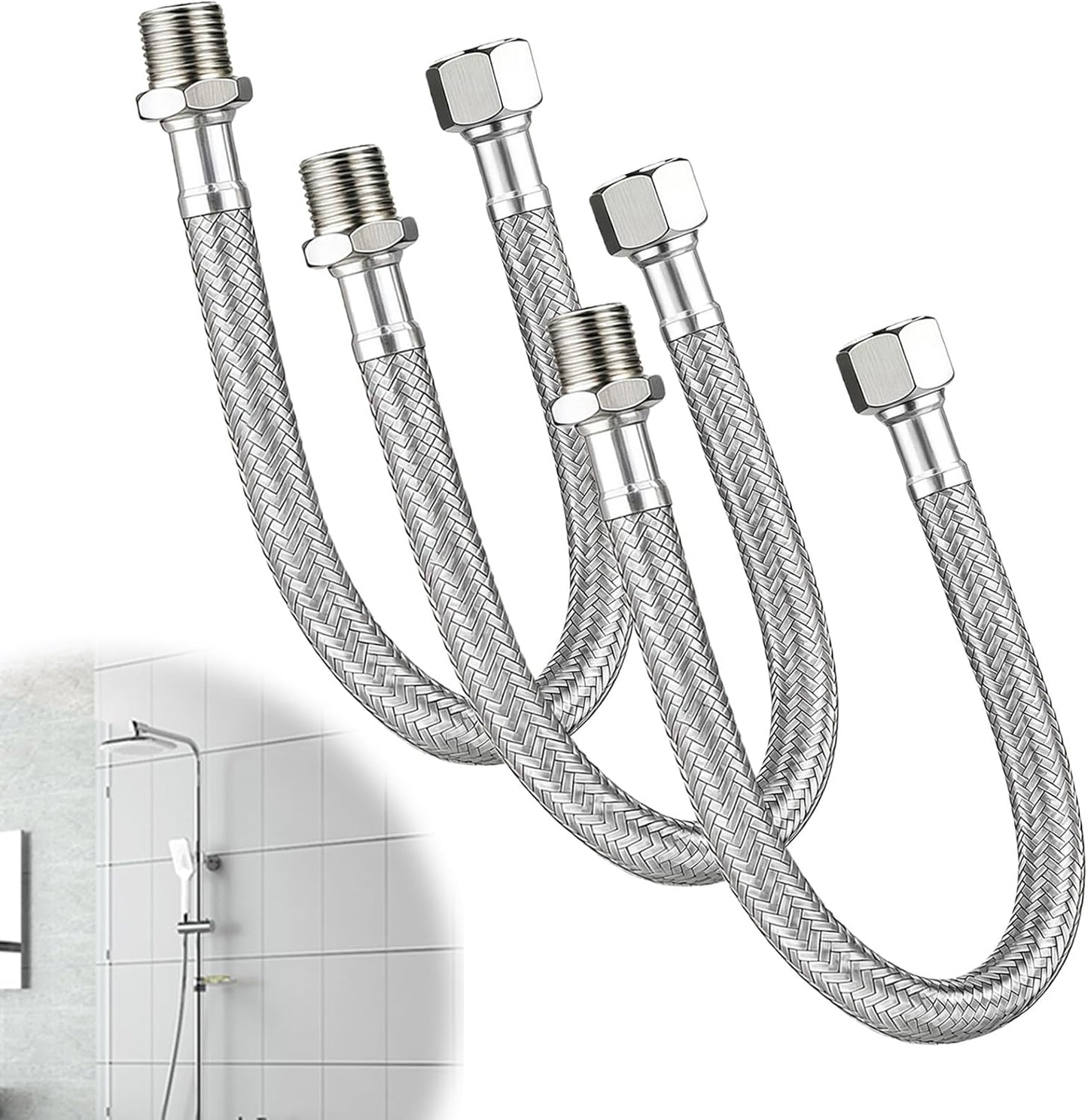 (3-Pack) Faucet Supply Line Extension, 12-Inch – 3/8" Male to 3/8" Female Compression, Stainless Steel Braided with PEX Inner Tube – Ideal for Bathroom, Kitchen, RV & Water Filter Systems