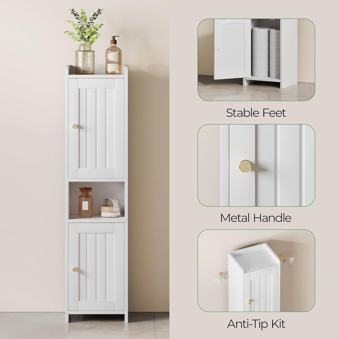 Bathroom Cabinet with 2 Doors, 7.3 x 9.8 x 40.4 Inches, Small Freestanding Storage Cabinet with Adjustable Shelf, Floor Cabinet for Small Spaces, Bathroom, Entrances, Kitchen, White