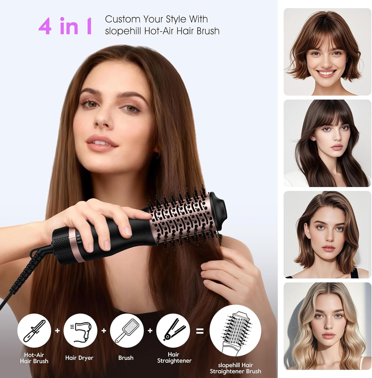 slopehill Mini Travel Dual Voltage Hair Dryer Brush,1000 Watts Hot Air Brush with European Plug, Ionic Hair Dryer and Styler for Women, Oval Barrel 2 Heat & 2 Speed Settings for International Travel