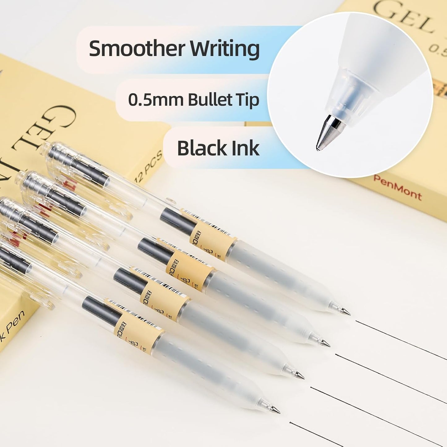 Retractable Gel Rollerball Pens, Japanese Style, Smooth Writing, Comfortable Grip, 0.5mm Fine Point, Black Gel Ink, For Journaling, Writing Pens, 12-Count Pack