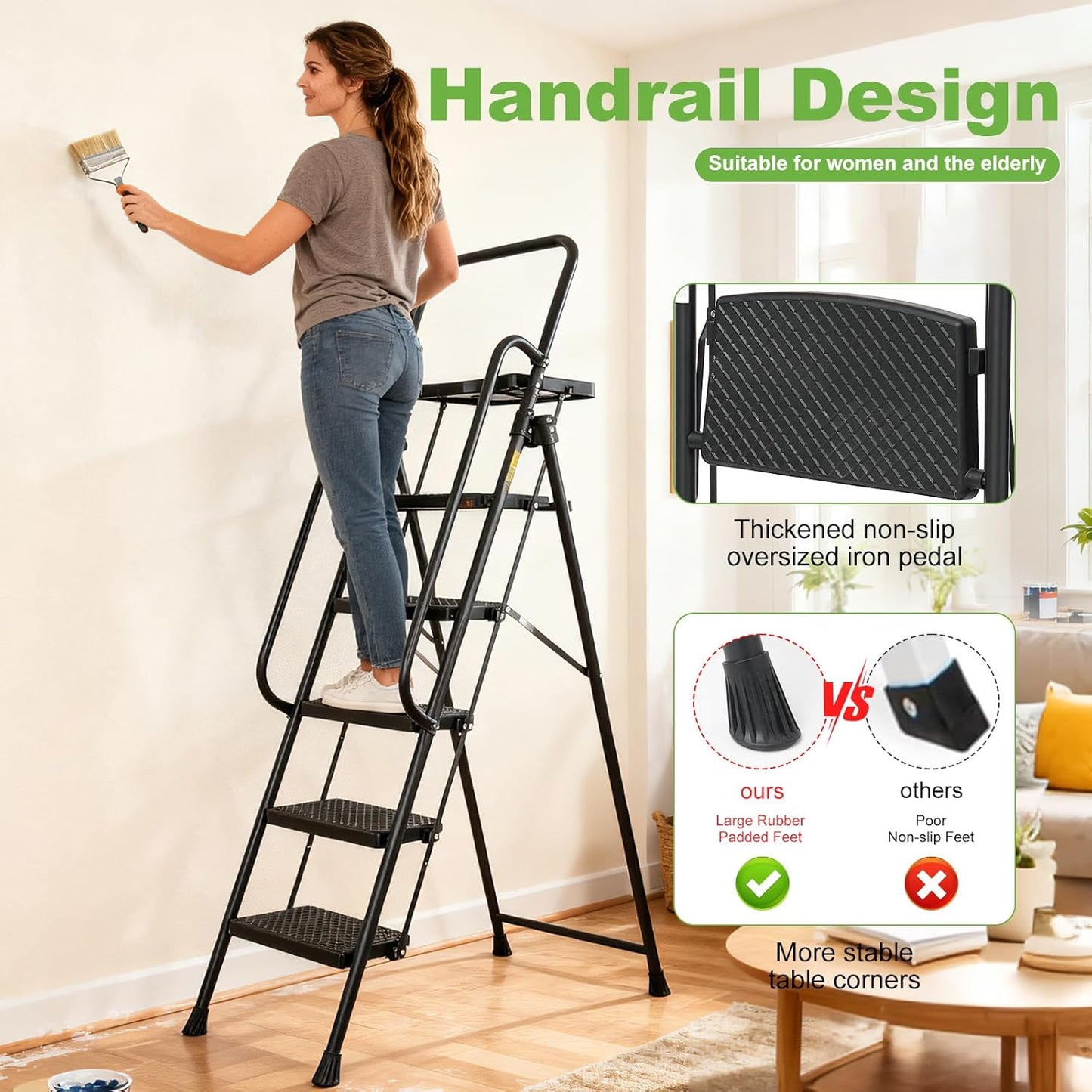 5 Step Ladder, Folding Step Stool with Handle,Tool Platform and Anti-Slip Pedal, Steel Ladder,Lightweight, Perfect for Home and Kitchen, Black