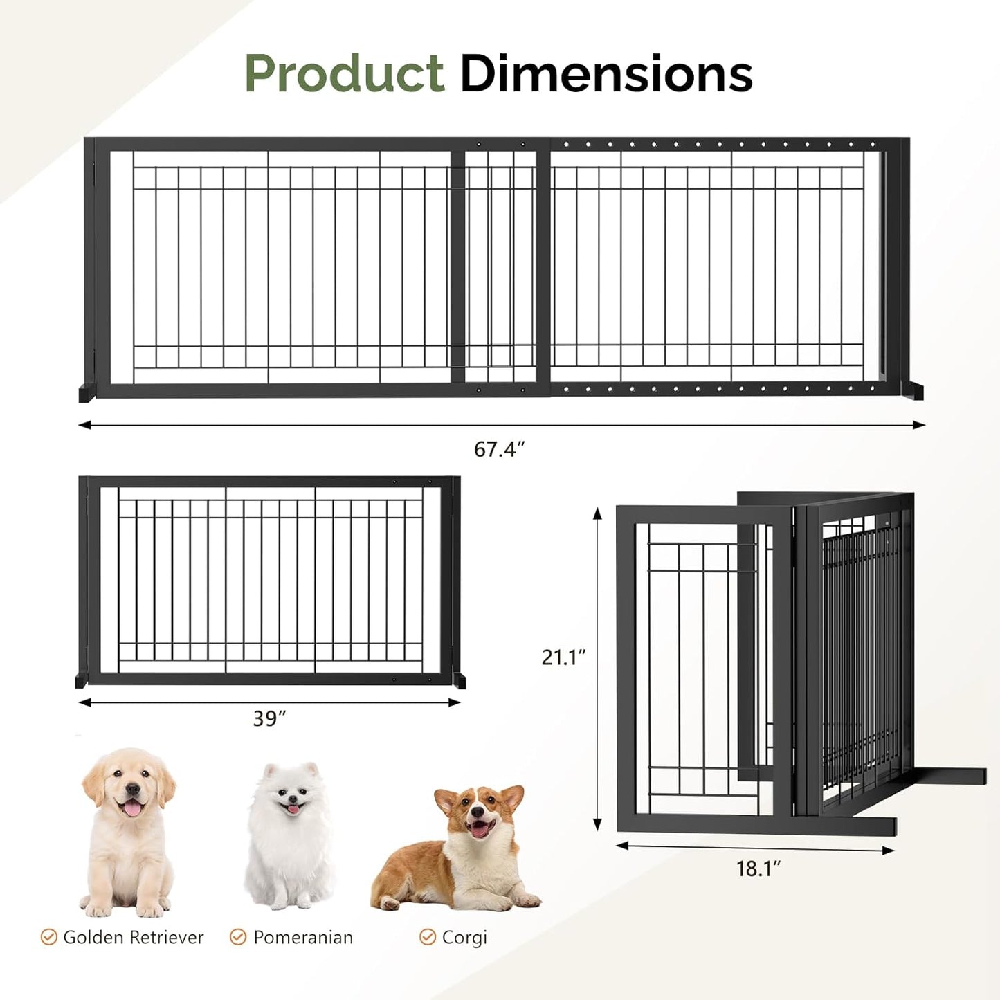 Outvita Dog Gate FreeStanding, 21" Height Pet Gate Extra Wide Dog Gates for Stairs Doorways Front Porch Fireplace, 39" - 67" Wide Metal Adjustable Pet Fence Indoor, Black
