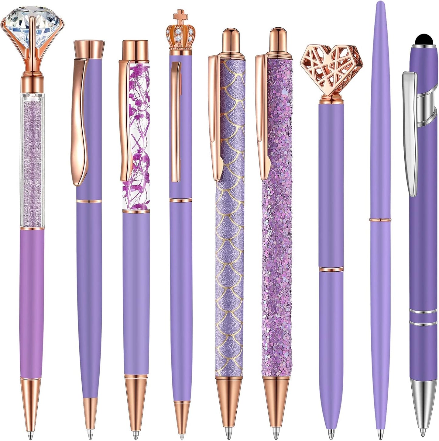 Janmini 9 Pcs Ballpoint Pens Set Metal Crystal Diamond Glitter Pens for Journaling Black Ink Pretty Cute Things Fancy Stationery Gifts for Women Girls Birthday Home Office Desk(Purple)