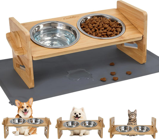 Elevated Dog Bowls for Small Dogs and Cats - 3 Heights Adjustable Bamboo Raised Pet Food Bowl Stand with Spill-Proof Non-Slip Mat, 2 Stainless Steel Dishes, 15° Tilted Ergonomic Feeder
