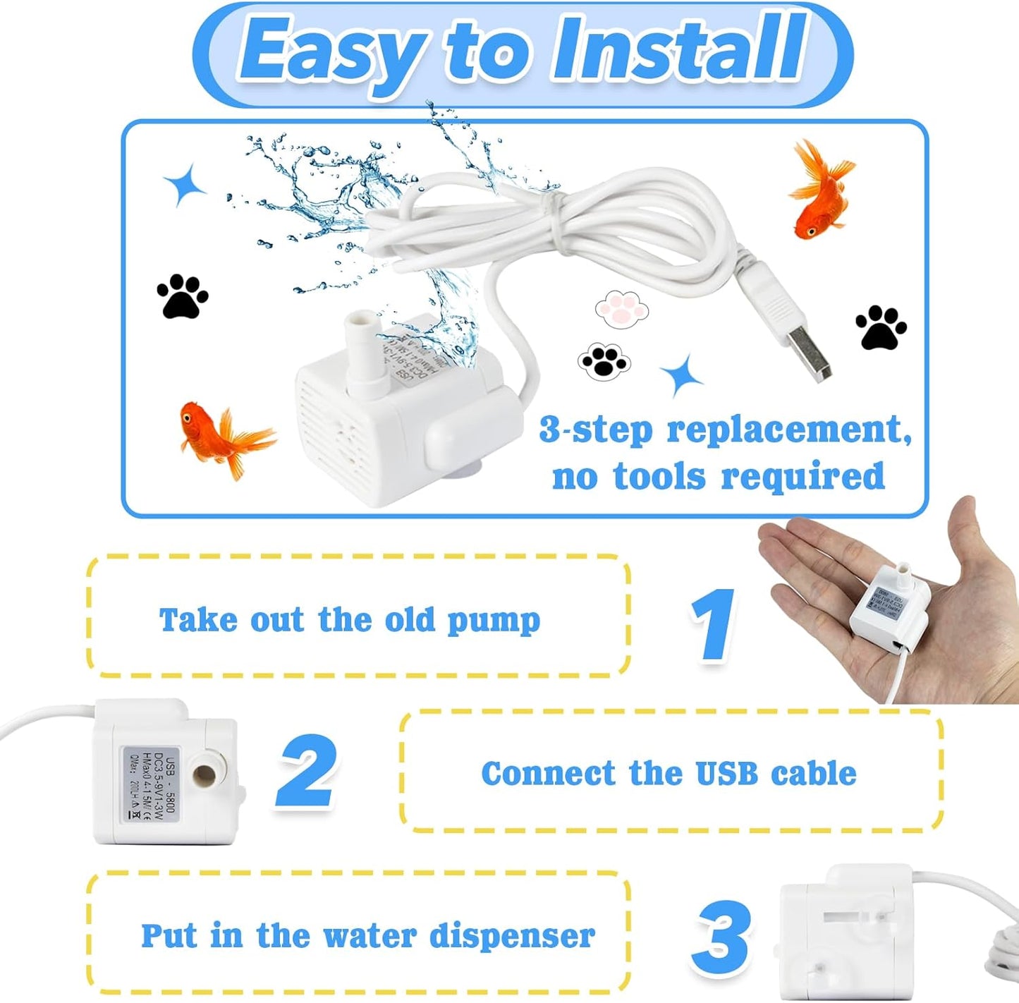 Water Fountain Pump Replacement - 3.5-9V White Mini Submersible Pump,USB-5800 for Pet Fountains, Fish Tanks, Crafts & Plants - Quiet, Durable & Universal Fit