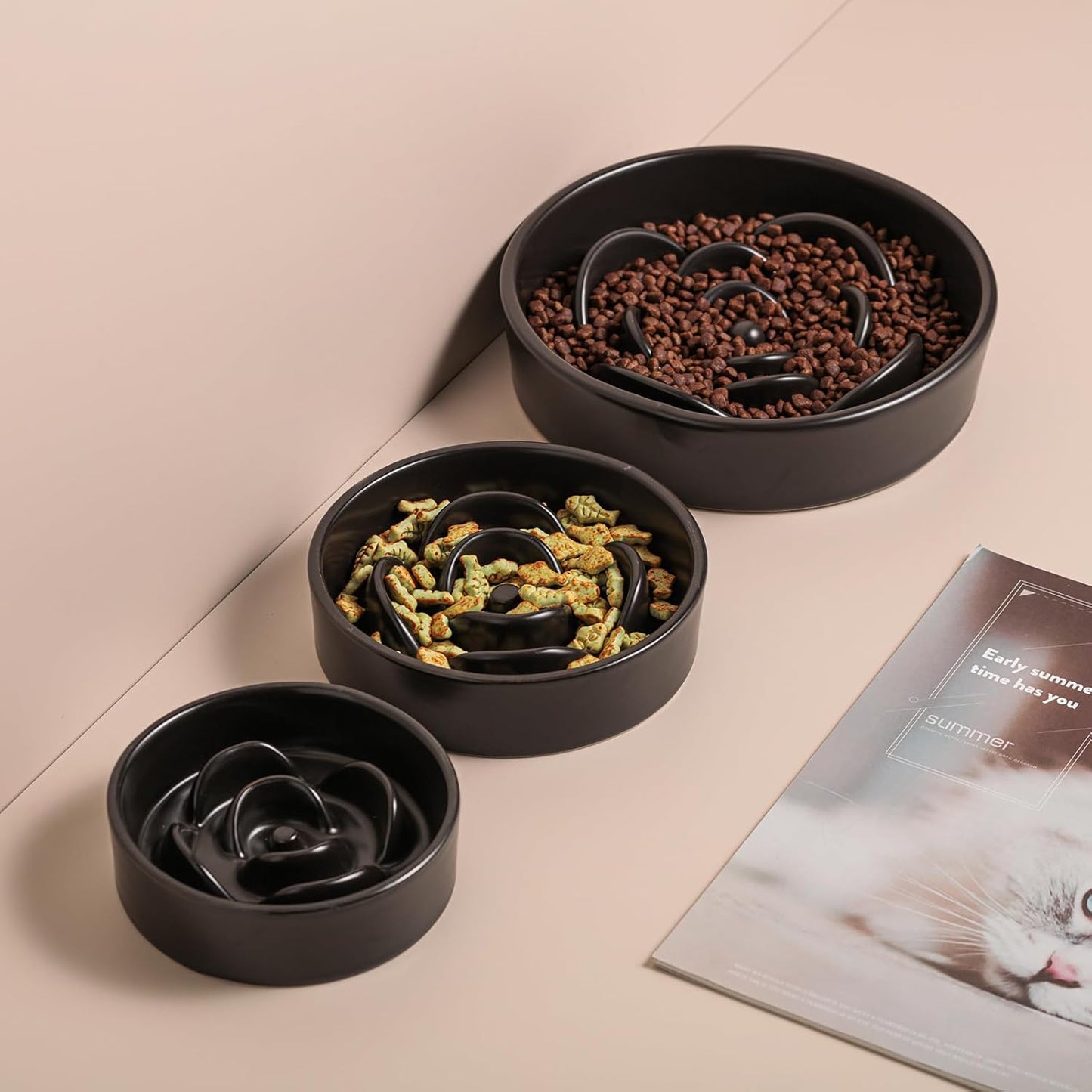 Black Ceramic Slow Feeder Dog Bowl for Medium and Large Breeds,6.1 in Slow Feeding Bowl,Puzzle Dog Food Bowl for Fast Eater,Maze Dish for Fast Eater