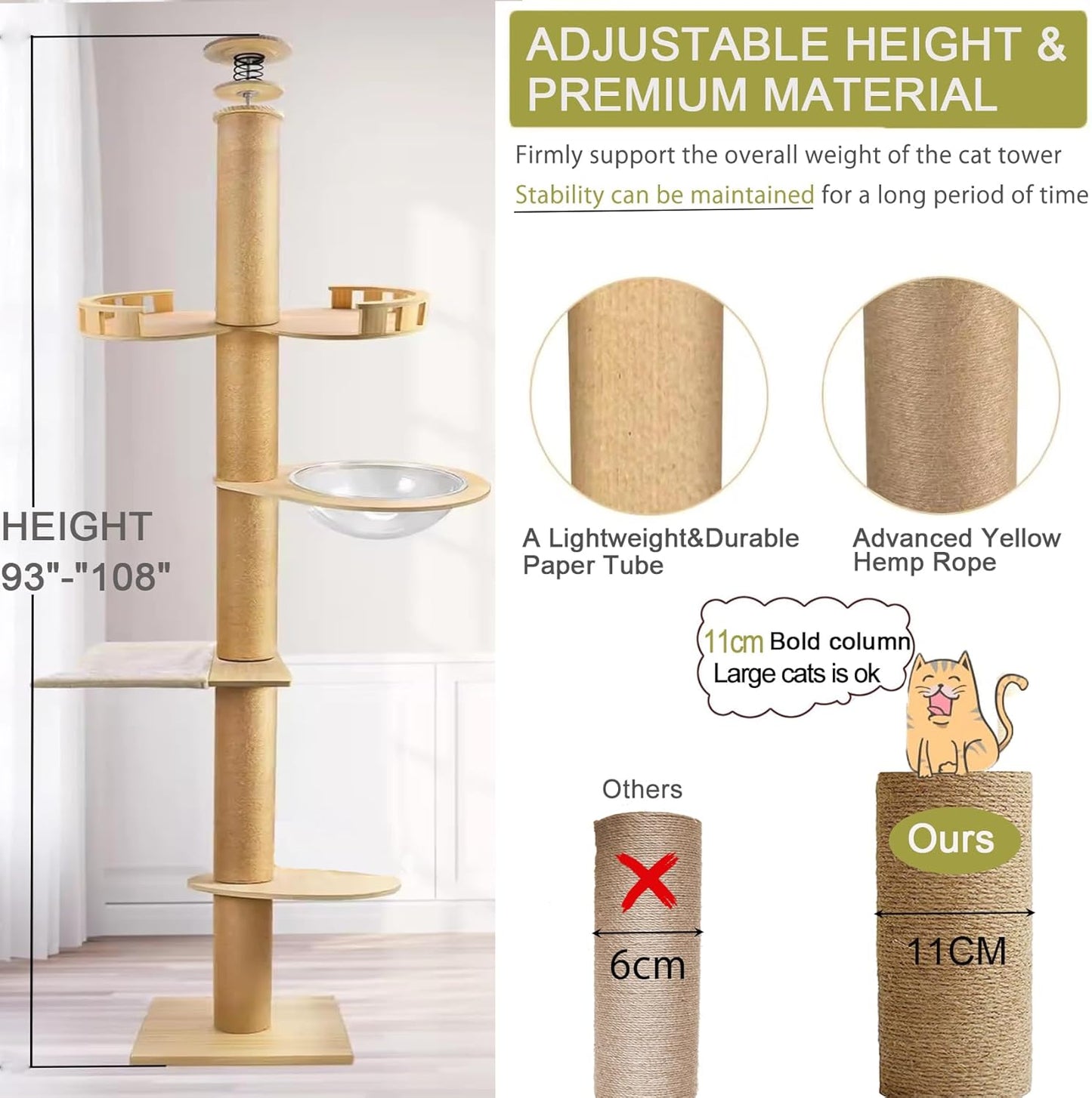 Floor to Ceiling cat Tree - Adjustable Height (95-98in,104.3-108.2in)- with Width 4.33 in Scratching Post,Cat Hammock,Fully Wrapped with sisal Rope - Heavy Duty cat Tree.(Holds 110 lbs)