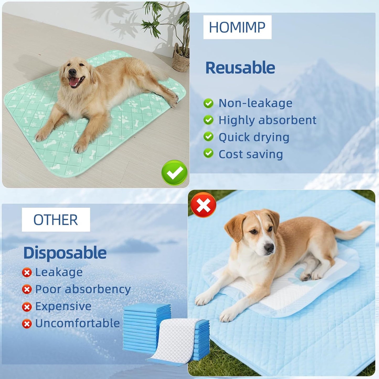 Homimp Self-Cooling Mat for Dogs,6 Pack Washable Cooling Mat & Sleeping Pad,Reusable Waterproof Dog Pee Pads,Non-Toxic,Non-Slip Potty Pads for Whelping Litter Mat Puppy Supplies in Summer,16"x20"