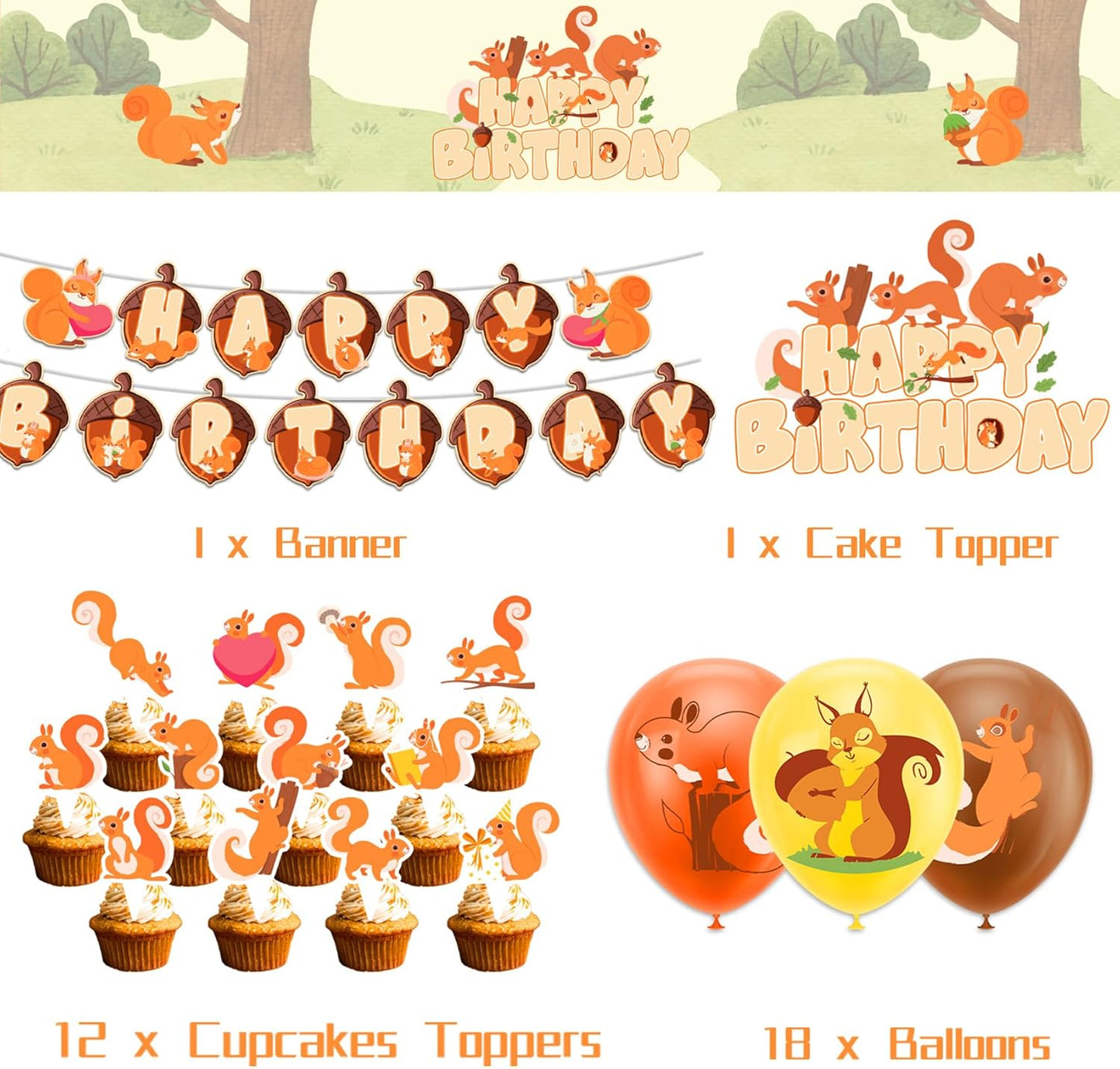 Woodland Animals Squirrel Party Supplies - Includes Squirrel Birthday Banner, Cake Topper, Cupcake Toppers & Balloons for Zoo Animals Themed Party
