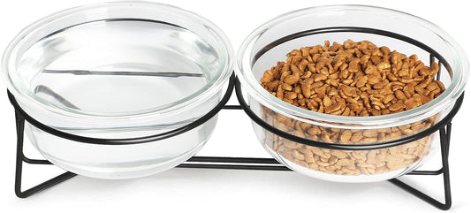 GDCZ Elevated Cat Bowl Stand, 11.6 in Metal Stand with 2 Removable 20 OZ Glass Bowls for Pet Food and Water, Stand Reduces Cat Neck Burden, Transparent