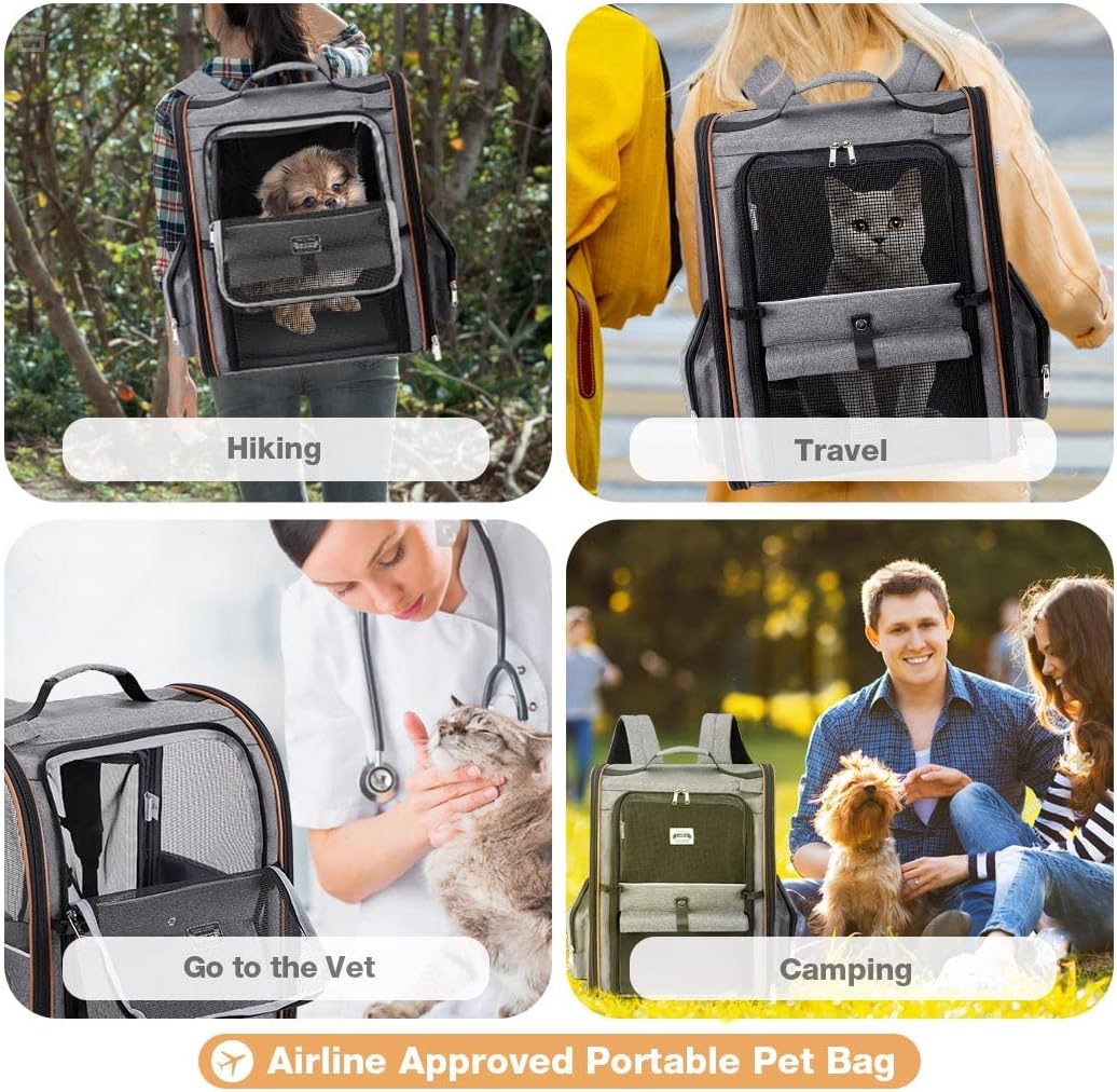 Lekebobor Cat Carrier Backpack, Expandable Pet Carrier with Sun Shade & Full Front Opening, Breathable Mesh Backpack for Small Dogs & Medium Cats Up to 18 Lbs, Foldable for Hiking, Camping (Grey)